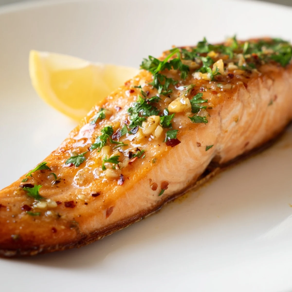 Tender baked salmon fillets glisten with sticky honey garlic glaze, garnished with fresh parsley.