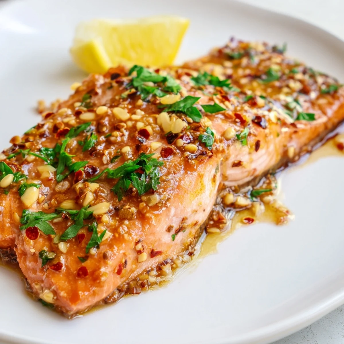 Weeknight Baked Salmon with Honey Garlic Glaze pairs well with roasted vegetables and steamed rice.