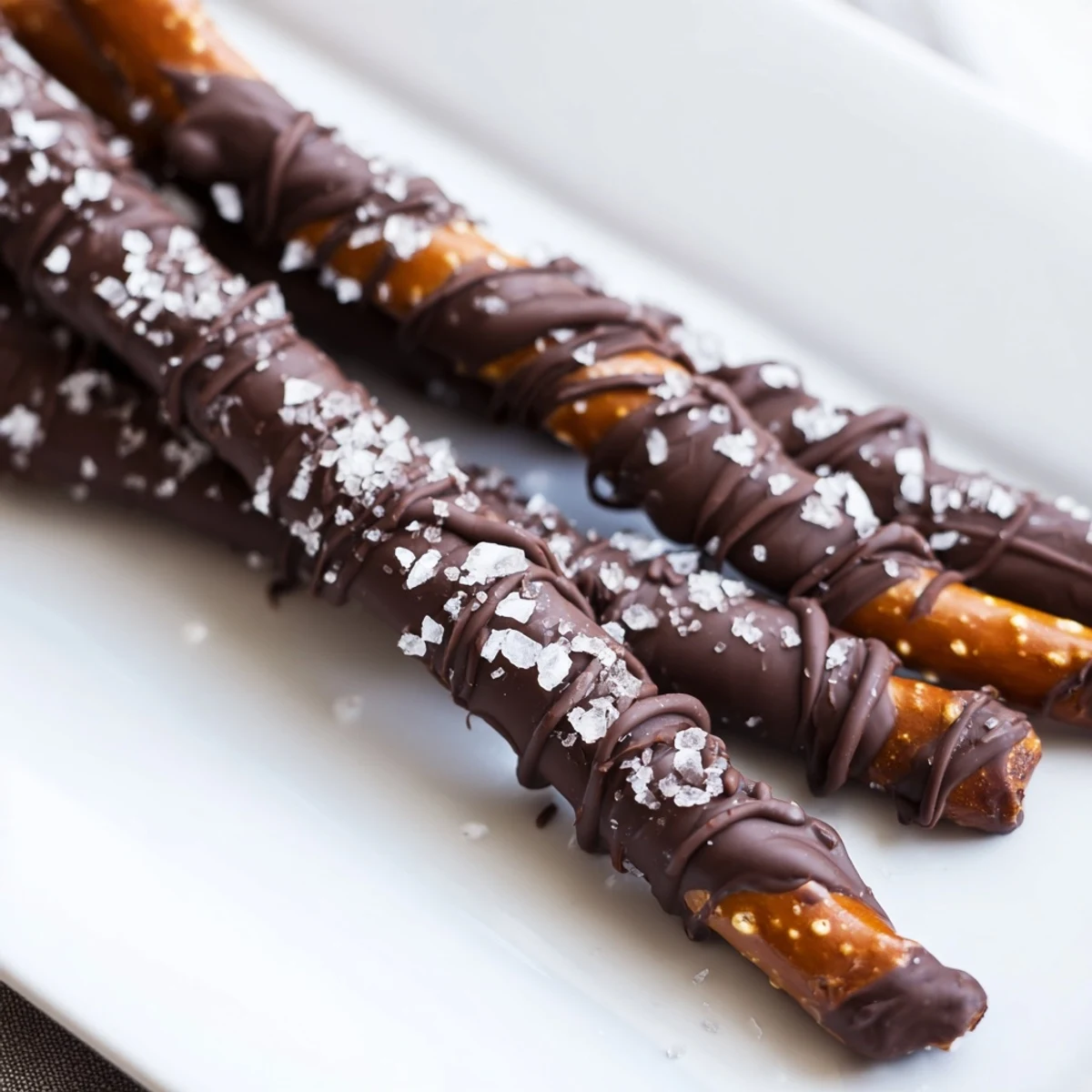 Golden pretzel rods fully coated in chocolate for Chocolate Dipped Pretzels with Sea Salt, arranged on parchment paper for a party snack.