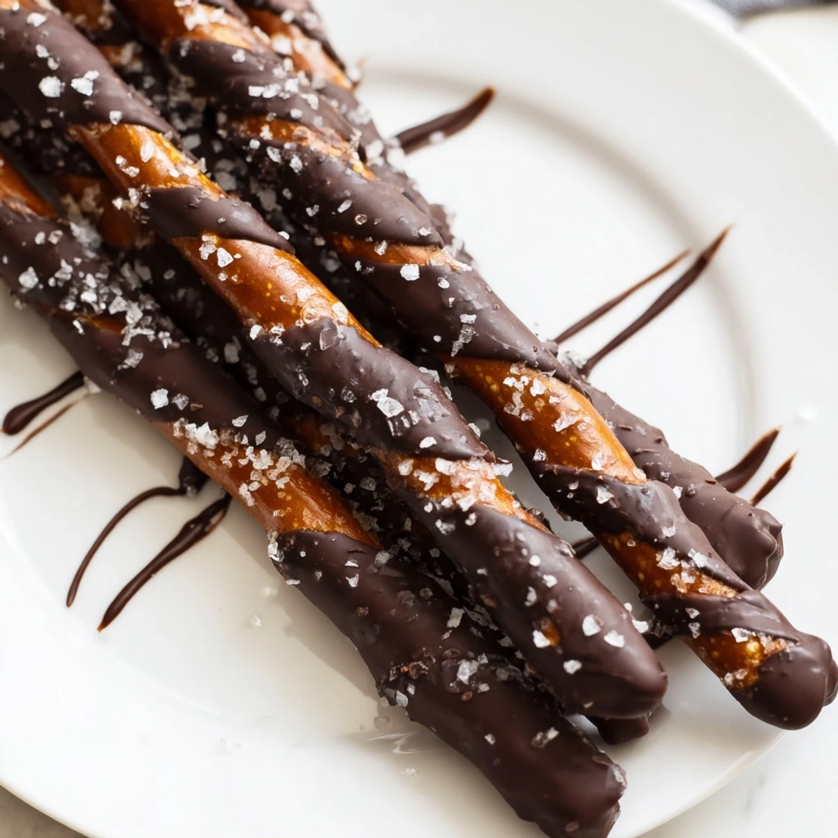 Two Chocolate Dipped Pretzels with Sea Salt resting on a white plate, one broken to reveal the crunchy pretzel inside the chocolate shell.