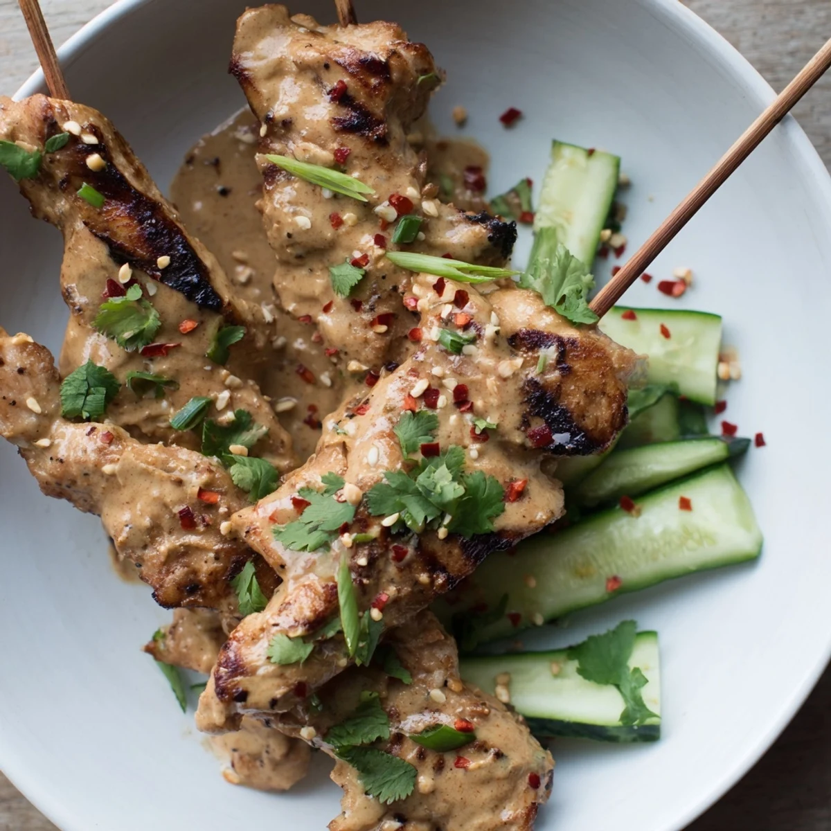 Golden-brown grilled Chicken Satay Skewers with Peanut Sauce are arranged on a platter with fresh cucumber slices and lime wedges.  