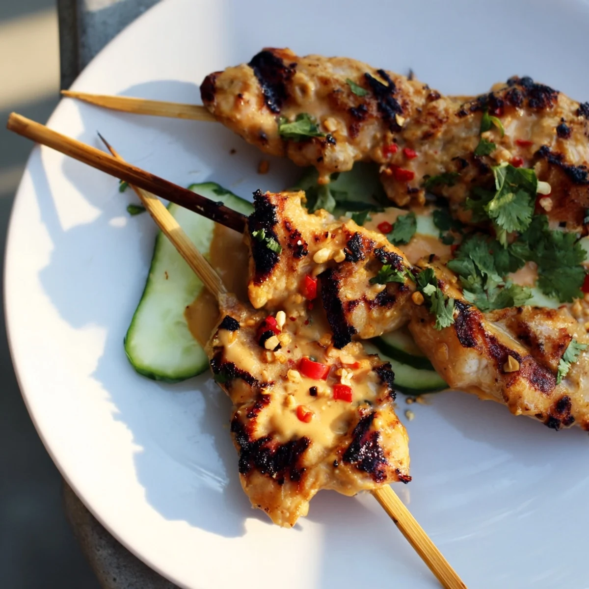 Beautifully presented Chicken Satay Skewers with Peanut Sauce served on a wooden board with red onion and cilantro garnish.