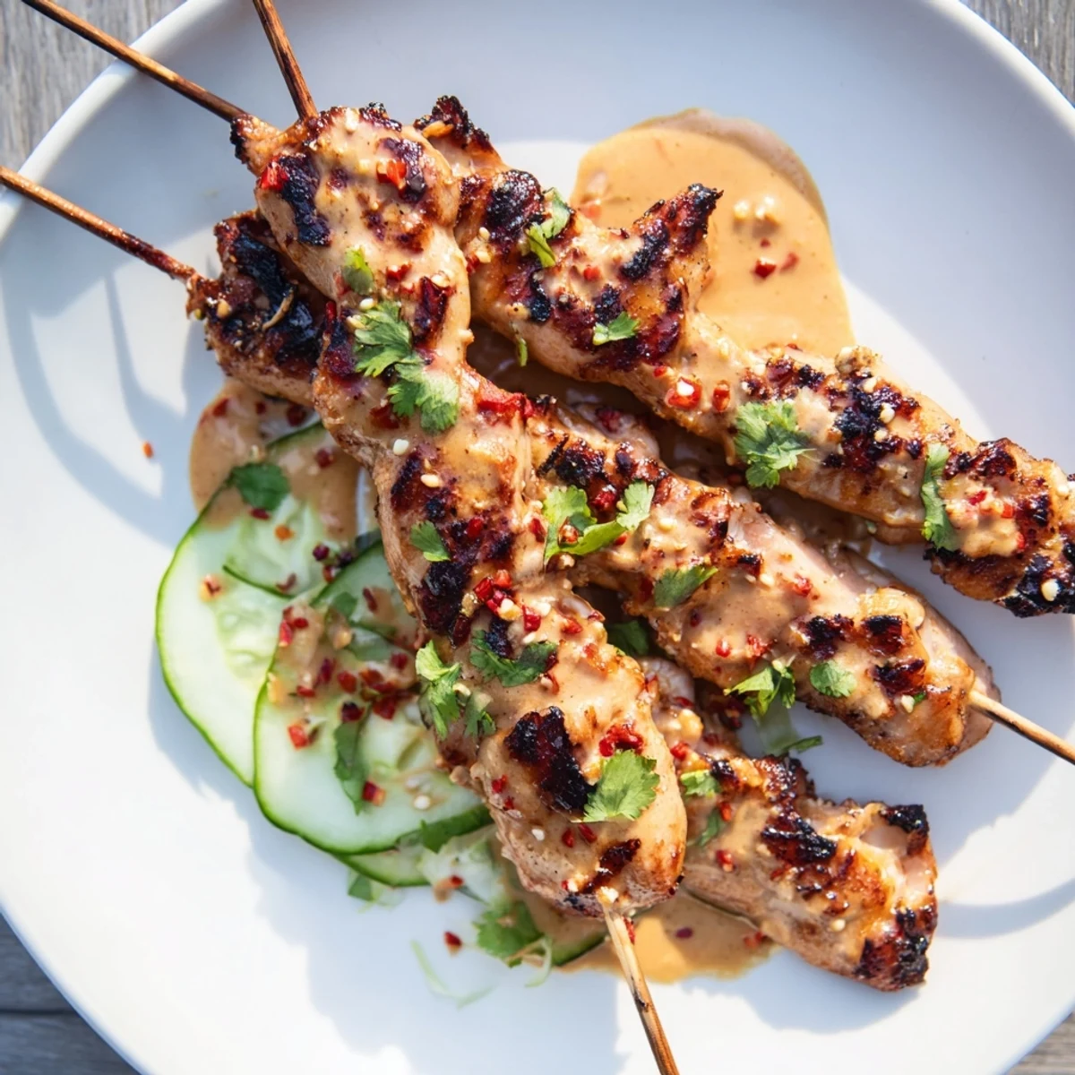 A close-up of Chicken Satay Skewers with Peanut Sauce shows tender meat with char marks next to a creamy dipping sauce.  