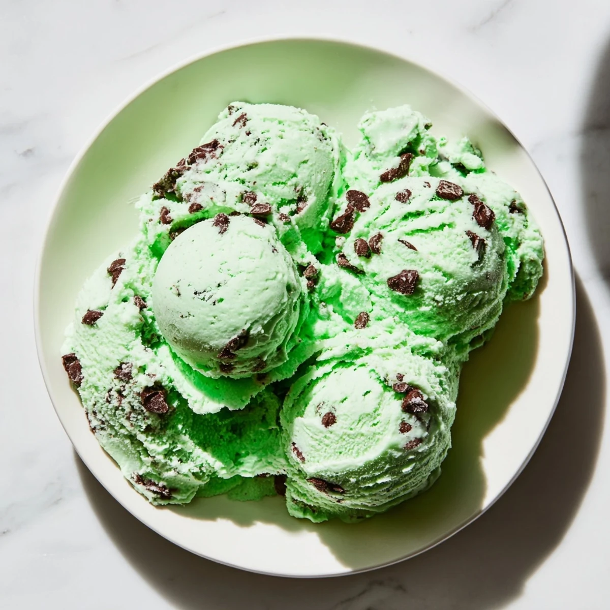 The finished Green Mint Chocolate Chip Ice Cream shows a creamy, light green scoop with visible chocolate chunks in a white bowl.