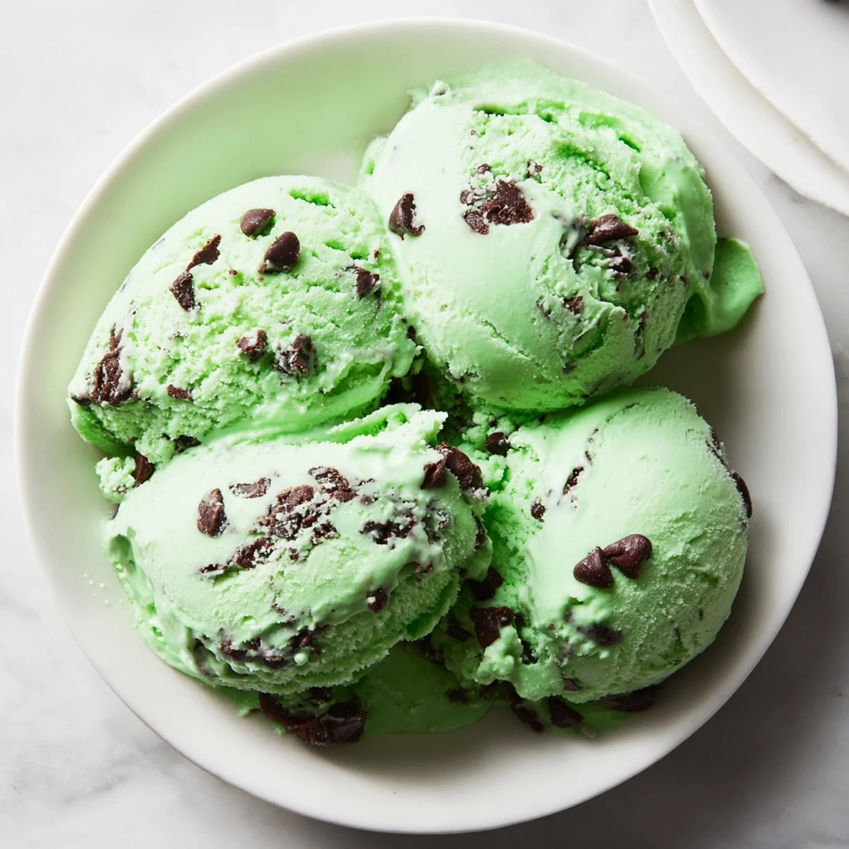 Two generous scoops of Green Mint Chocolate Chip Ice Cream sit on a dessert plate, ready to be served with chocolate cookies.