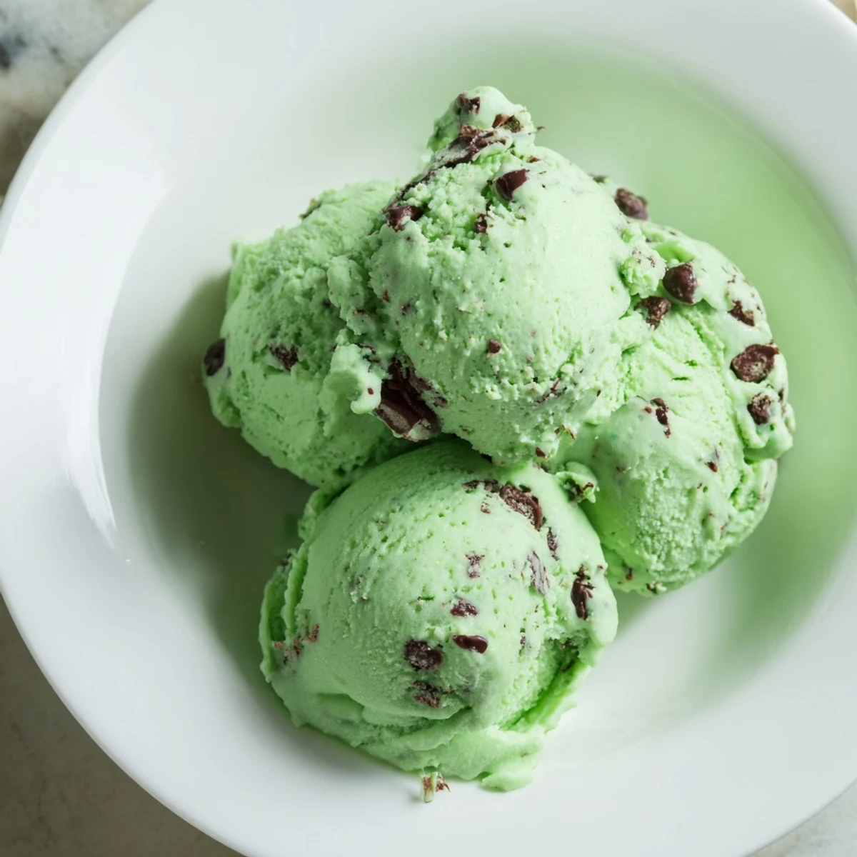 A close-up view of homemade Green Mint Chocolate Chip Ice Cream reveals rich texture and embedded chocolate chips on a marble surface.