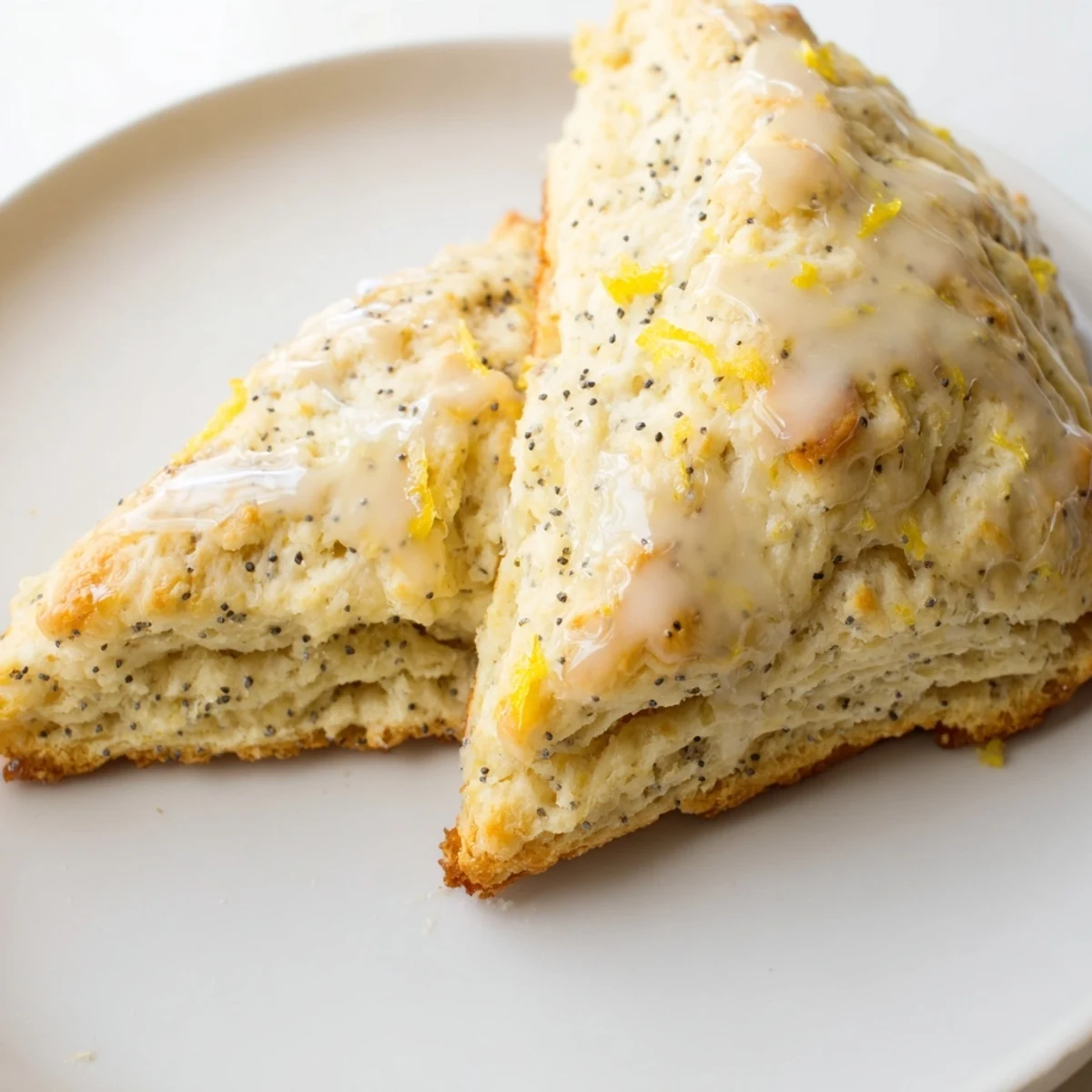 A close up of Lemon Poppy Seed Scones showing a tender crumb and golden brown edges.
