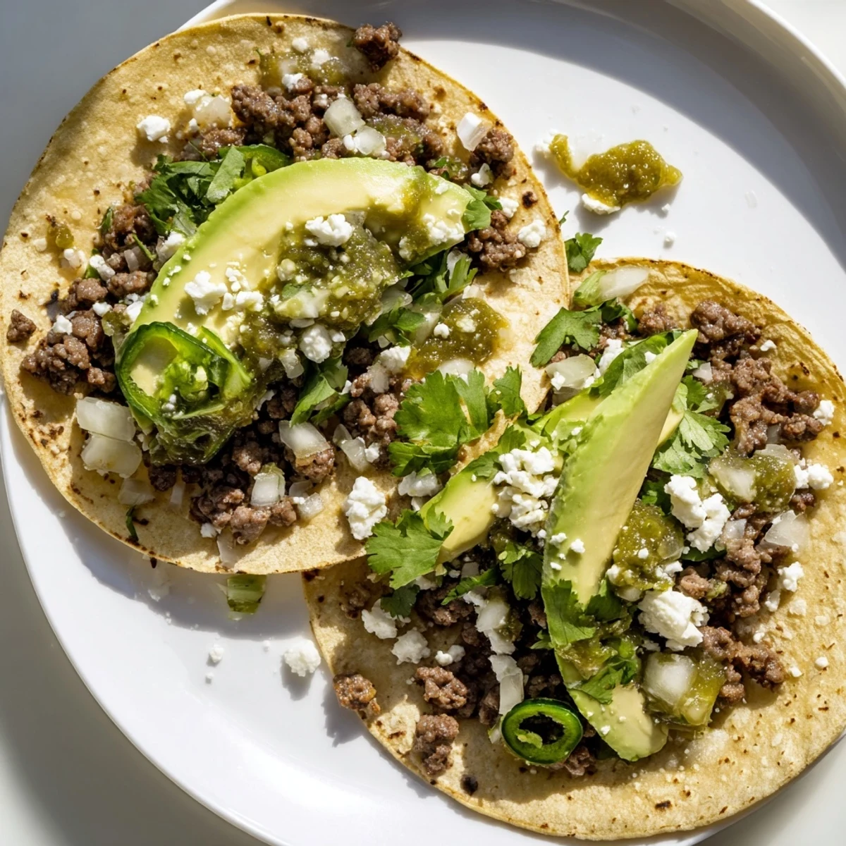 Freshly warmed corn tortillas filled with juicy Spicy Beef Tacos with Salsa Verde and topped with creamy avocado slices.