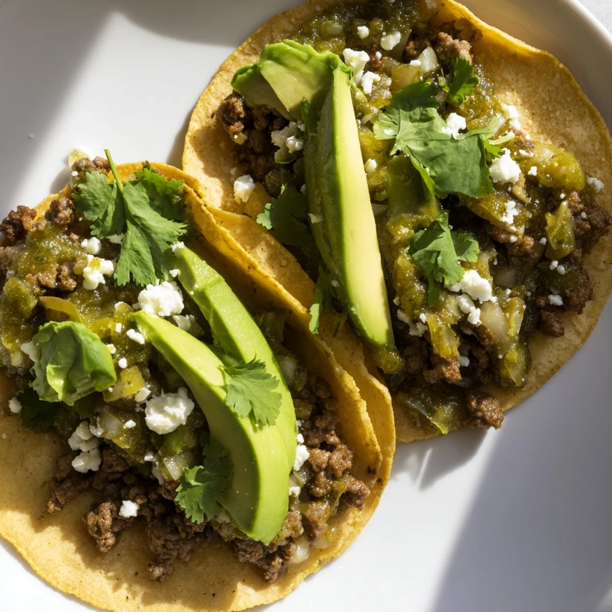 A close-up of Spicy Beef Tacos with Salsa Verde showcasing seasoned beef, vibrant green salsa, and fresh cilantro garnish.