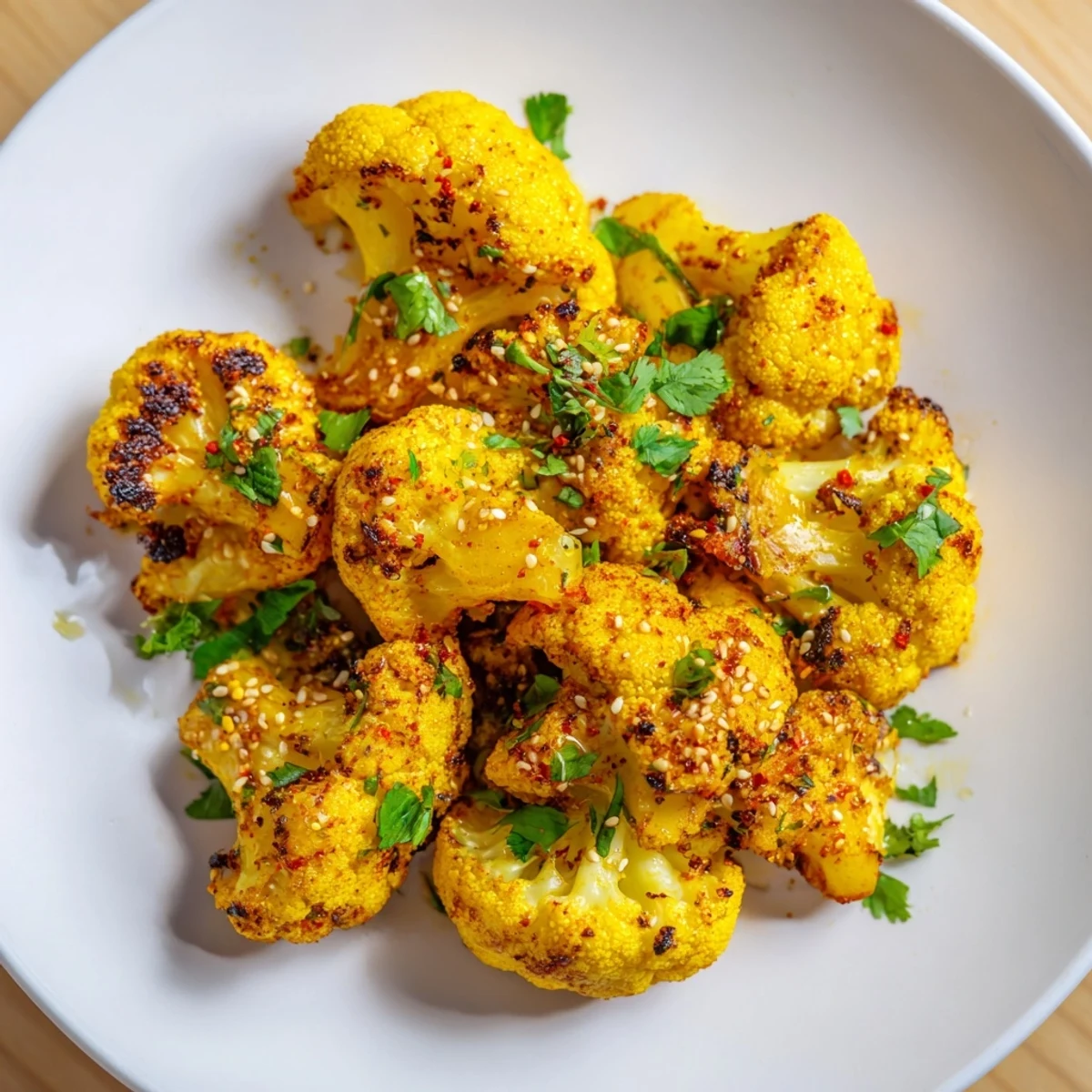 A close-up view of roasted cauliflower with turmeric, steam rising from the golden florets, ready to serve beside a lemon wedge.