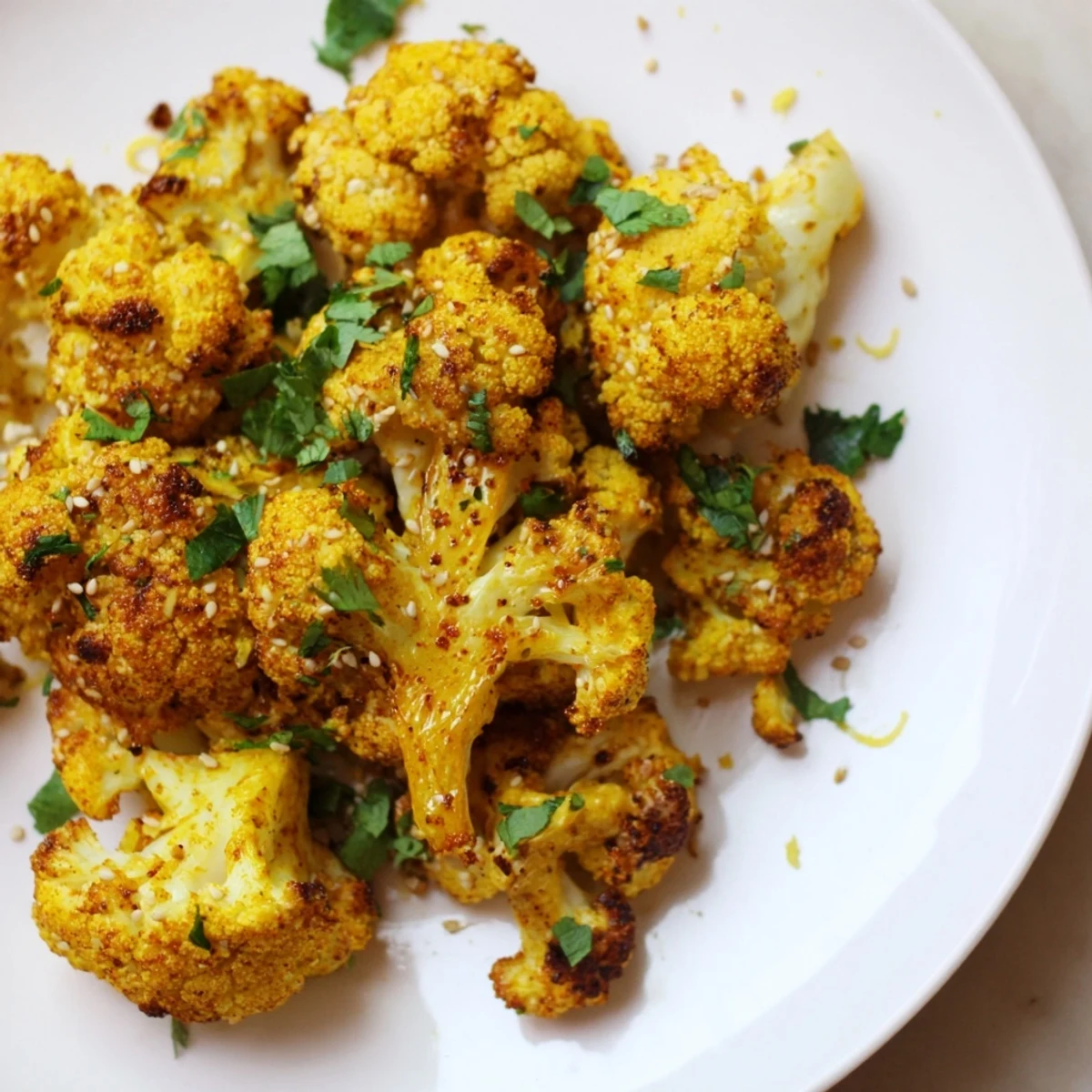 Golden roasted cauliflower with turmeric, bright and crispy edges, garnished with cilantro and sesame seeds on a serving dish.