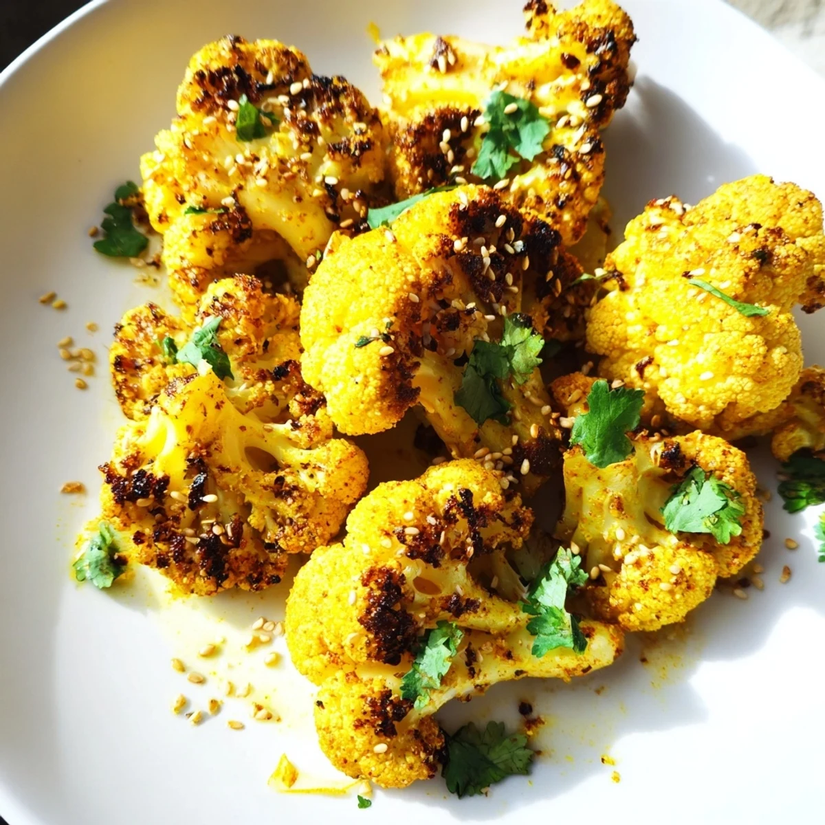Roasted cauliflower with turmeric served in a white bowl, sprinkled with fresh cilantro and sesame seeds, perfect for a healthy side.