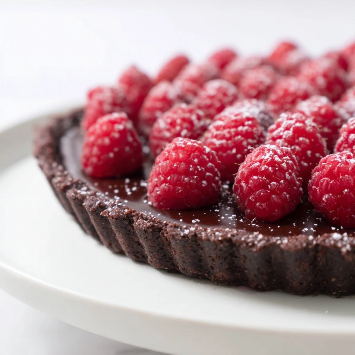 A close-up of a chocolate raspberry tart slice showing fresh raspberries on glossy ganache.