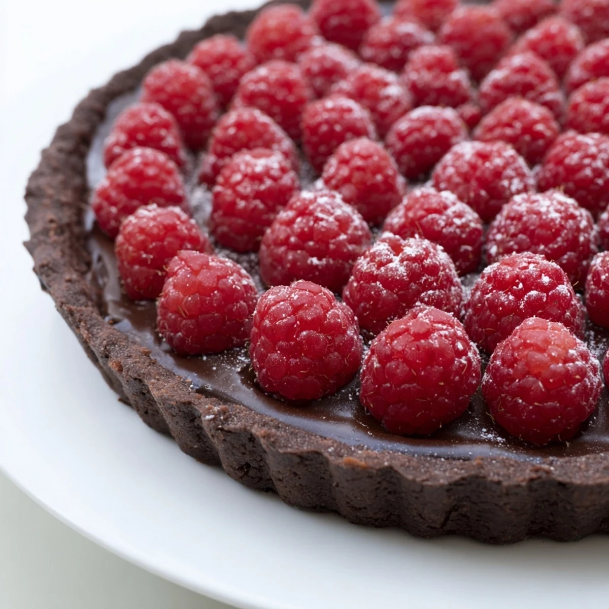 Close view of a chocolate raspberry tart topped with fresh berries on a rustic plate.