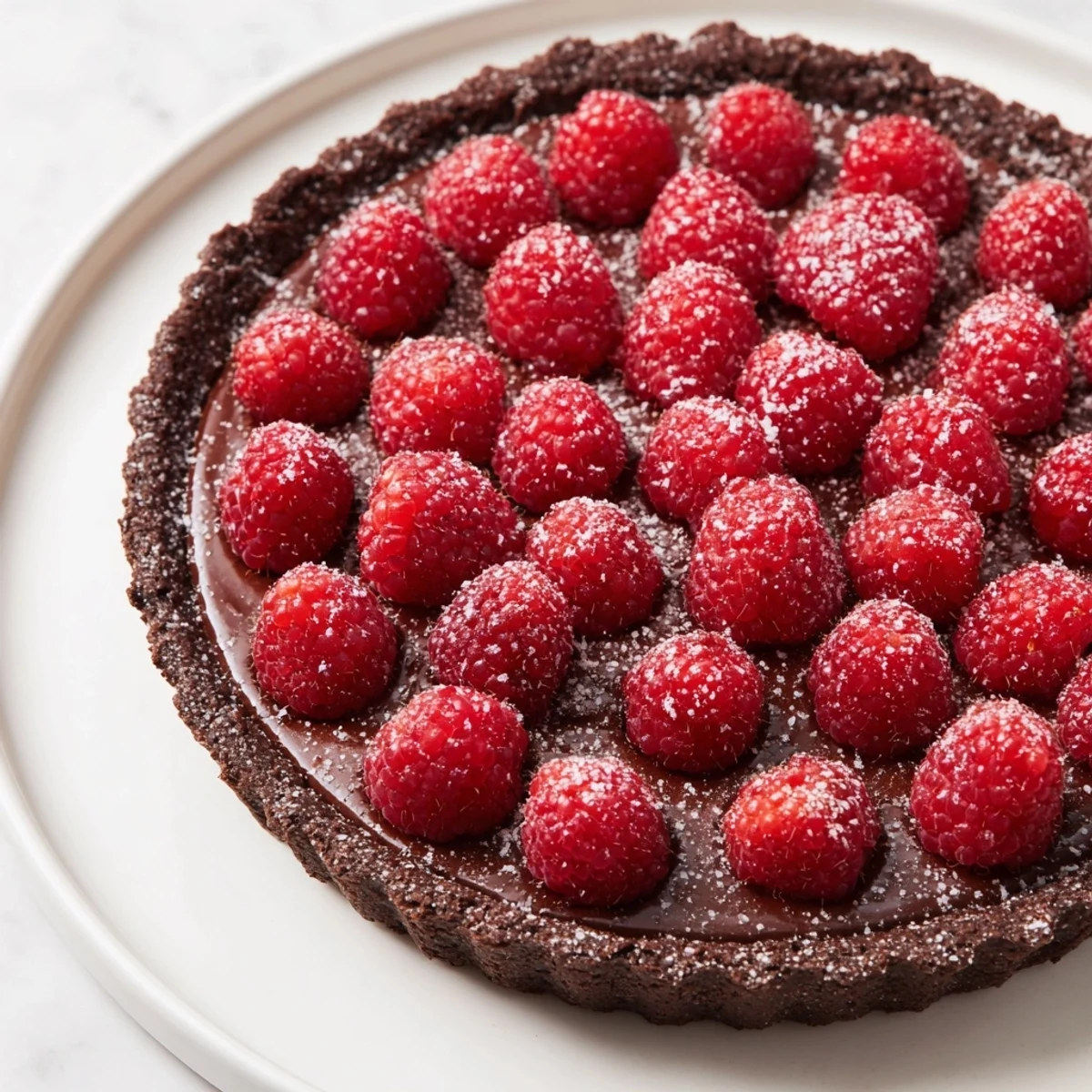 Overhead shot of a chocolate raspberry tart with a chocolate crust and raspberry topping.