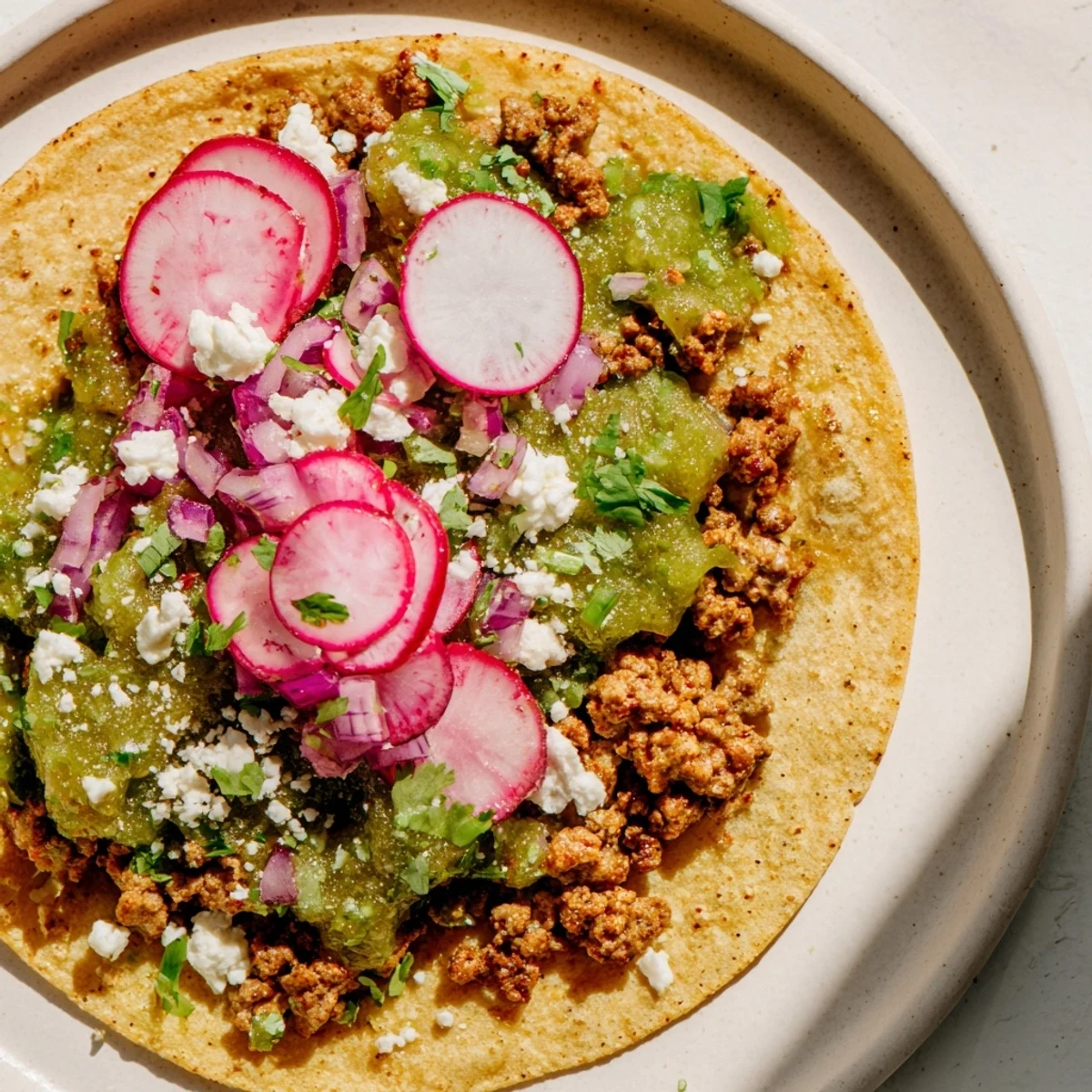 Spicy Beef Tacos with Salsa Verde served warm in soft corn tortillas with fresh lime wedges for squeezing.