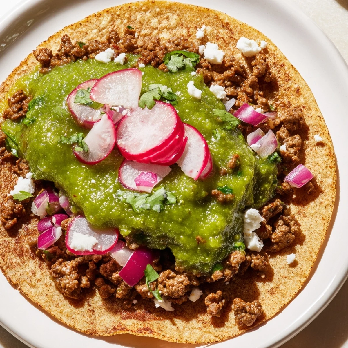 Close-up of Spicy Beef Tacos with Salsa Verde garnished with cilantro, red onion, and crumbled queso fresco.