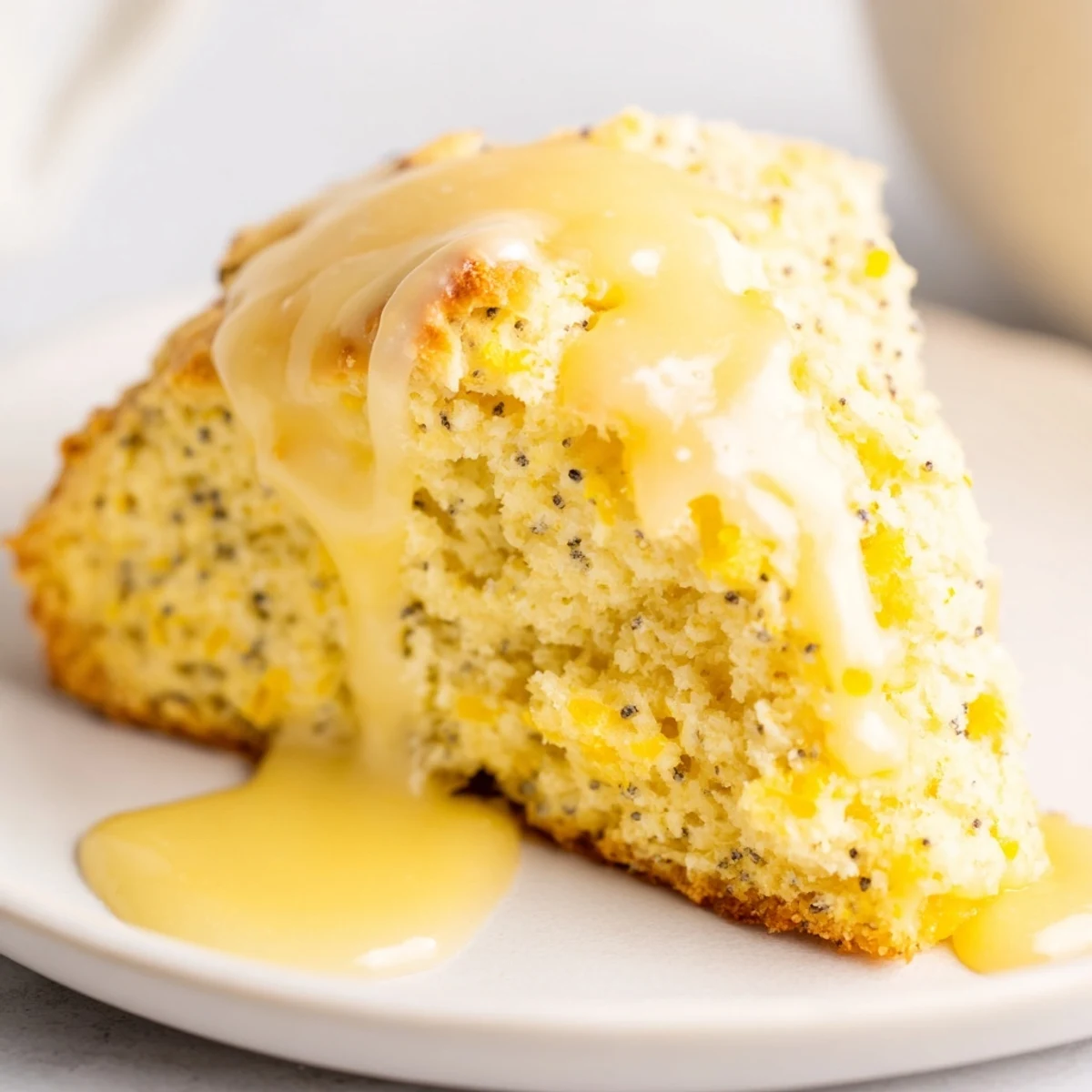 Golden Lemon Poppy Seed Scones drizzled with sweet glaze on a wooden board for breakfast.