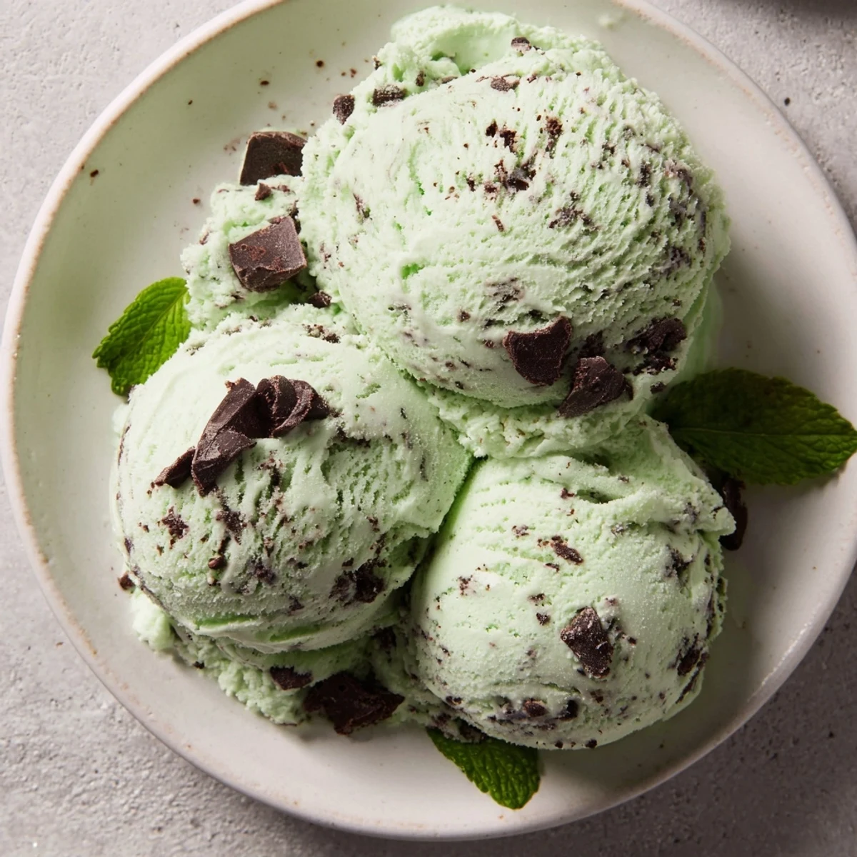 Creamy homemade Green Mint Chocolate Chip Ice Cream scooped into a bowl with chocolate pieces.