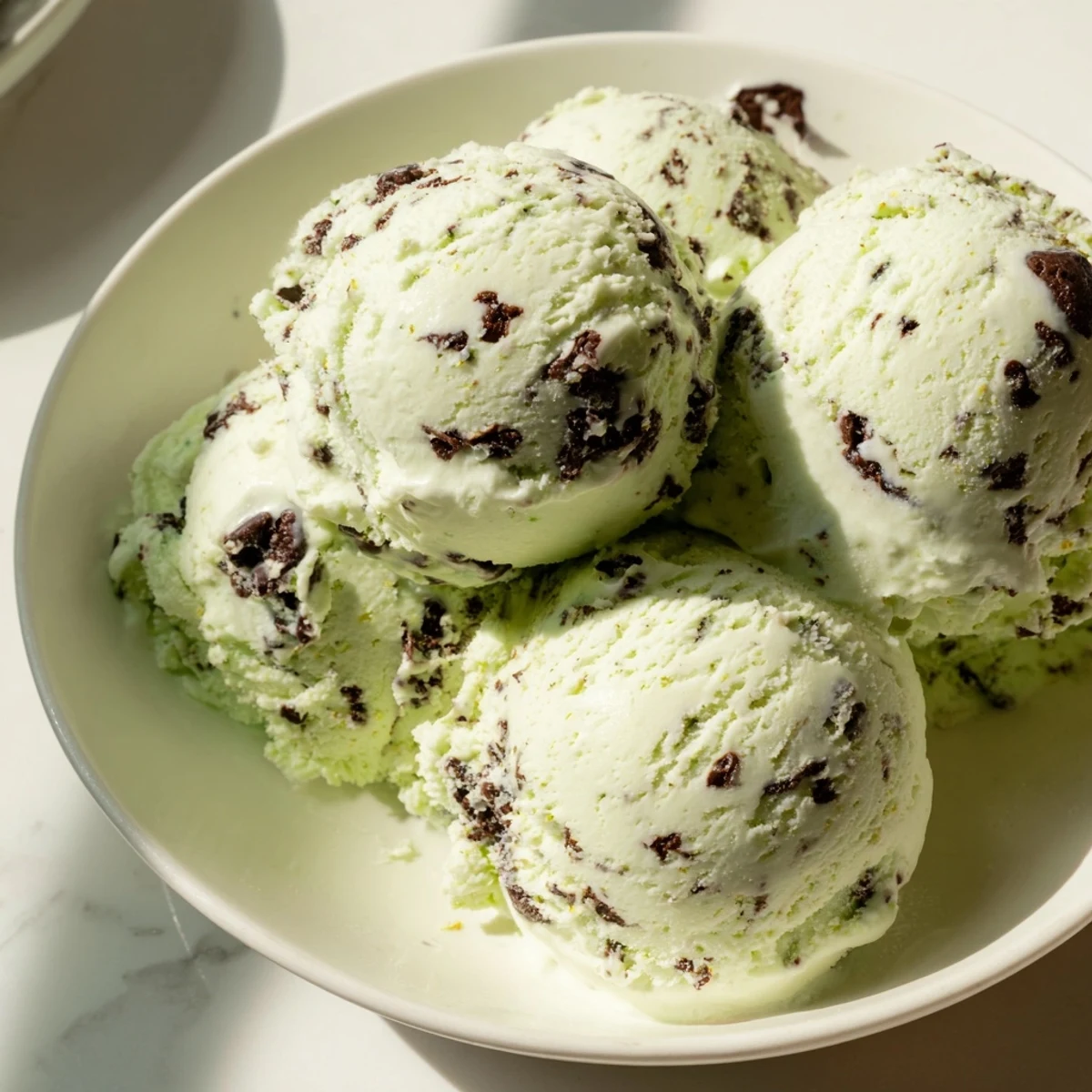 Green Mint Chocolate Chip Ice Cream served with a brownie, showing green swirls and chocolate chips.