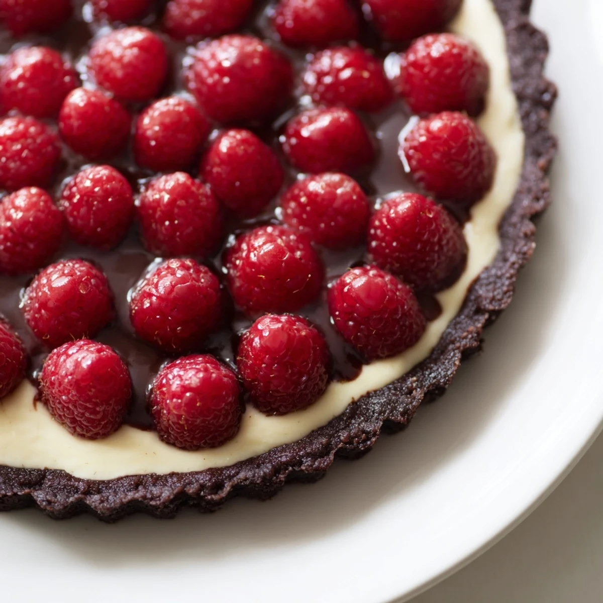 A slice of Chocolate Raspberry Tart with Pastry Cream reveals layers of cocoa crust and silky cream beside fresh raspberries.