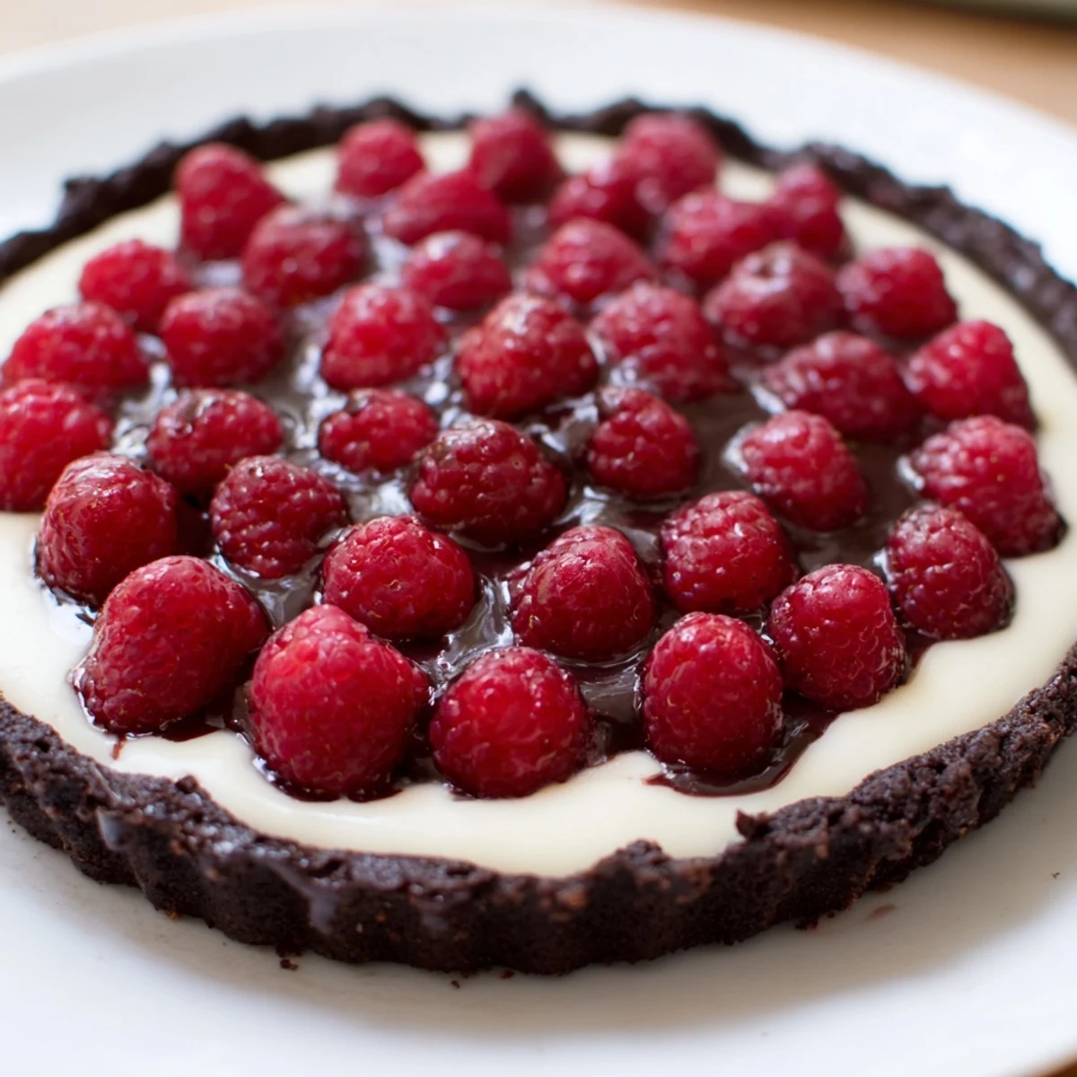 A close-up of the finished Chocolate Raspberry Tart with Pastry Cream shows glossy red berries on a dark, crisp crust with a smooth vanilla filling.