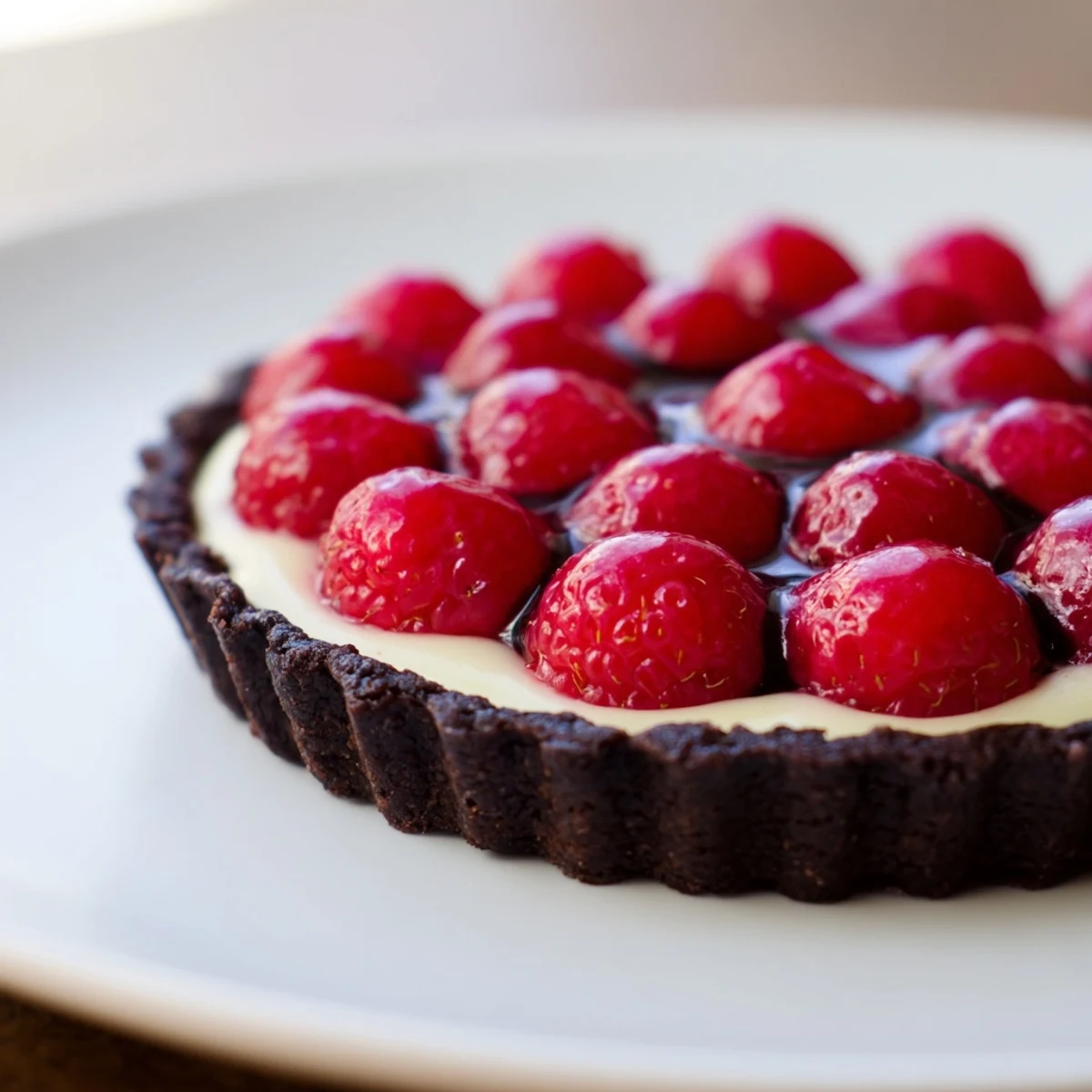 A whole Chocolate Raspberry Tart with Pastry Cream is served on a white plate, ready to slice and enjoy for dessert.