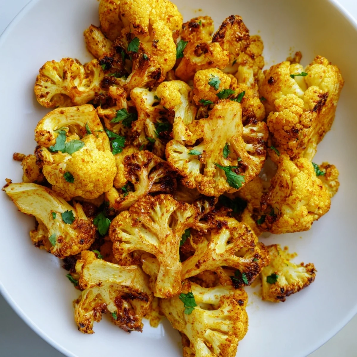 Golden roasted cauliflower with turmeric and cumin, garnished with fresh cilantro and lemon wedges on a white plate.