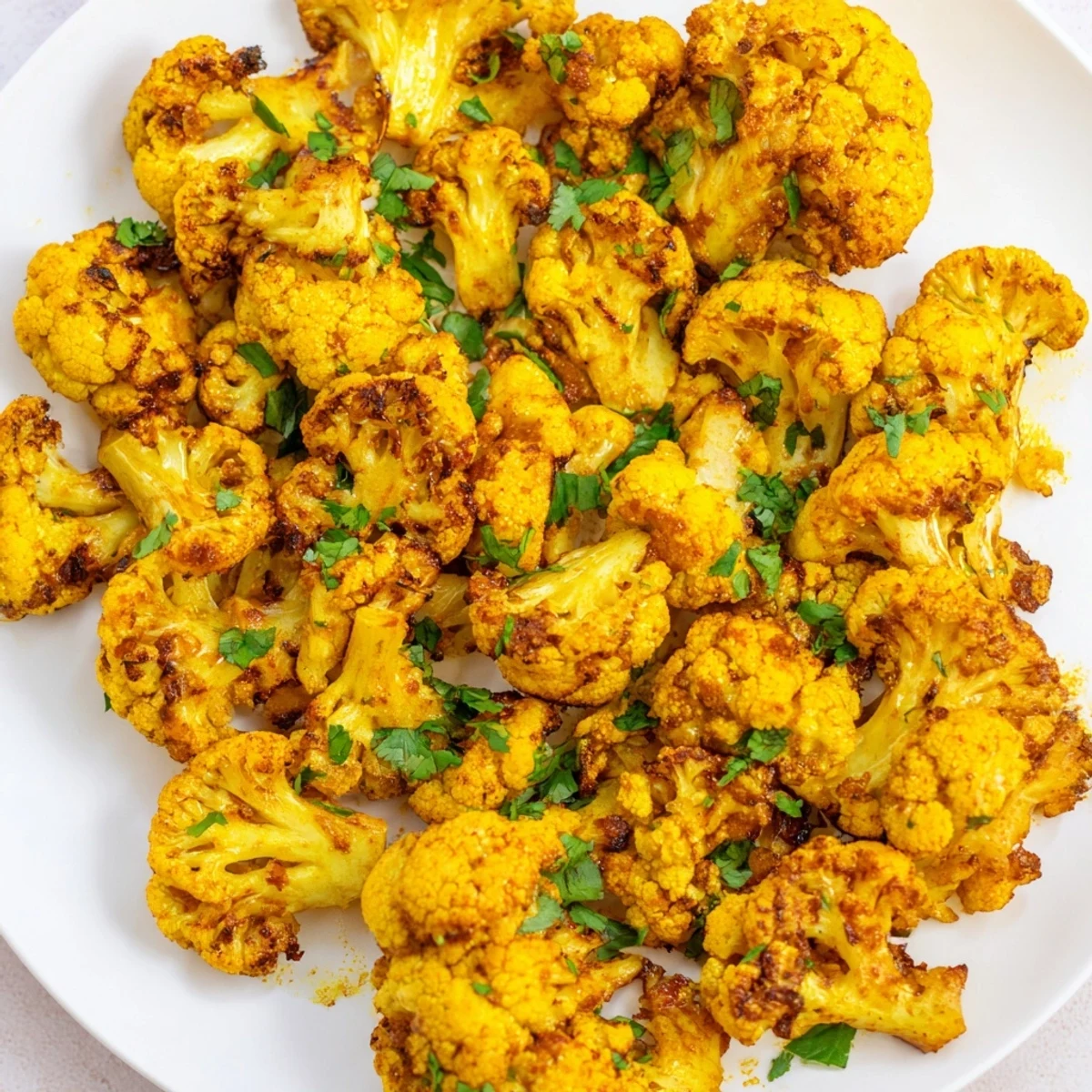 Roasted cauliflower with turmeric and cumin on a baking sheet with caramelized edges and a rustic wooden background.