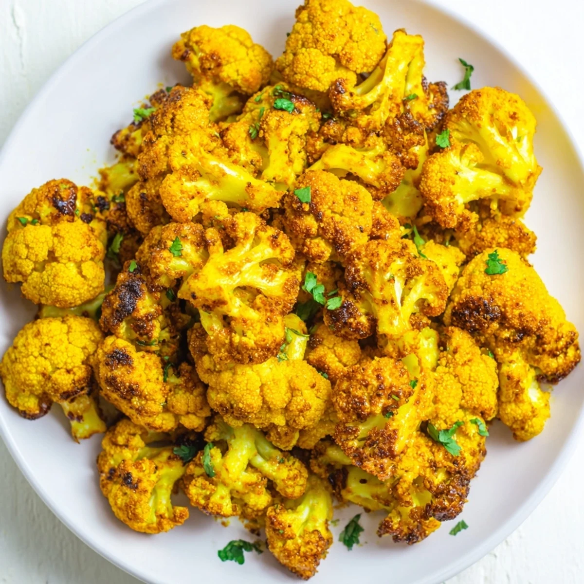 A close-up of spiced roasted cauliflower with turmeric and cumin, highlighting golden florets and a vibrant garnish.