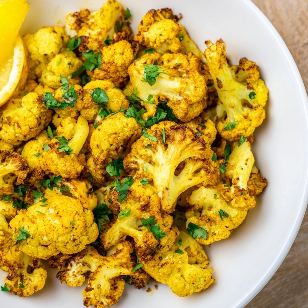 Golden Roasted Cauliflower with Turmeric and Cumin shines on a platter, garnished with fresh cilantro and lemon wedges.