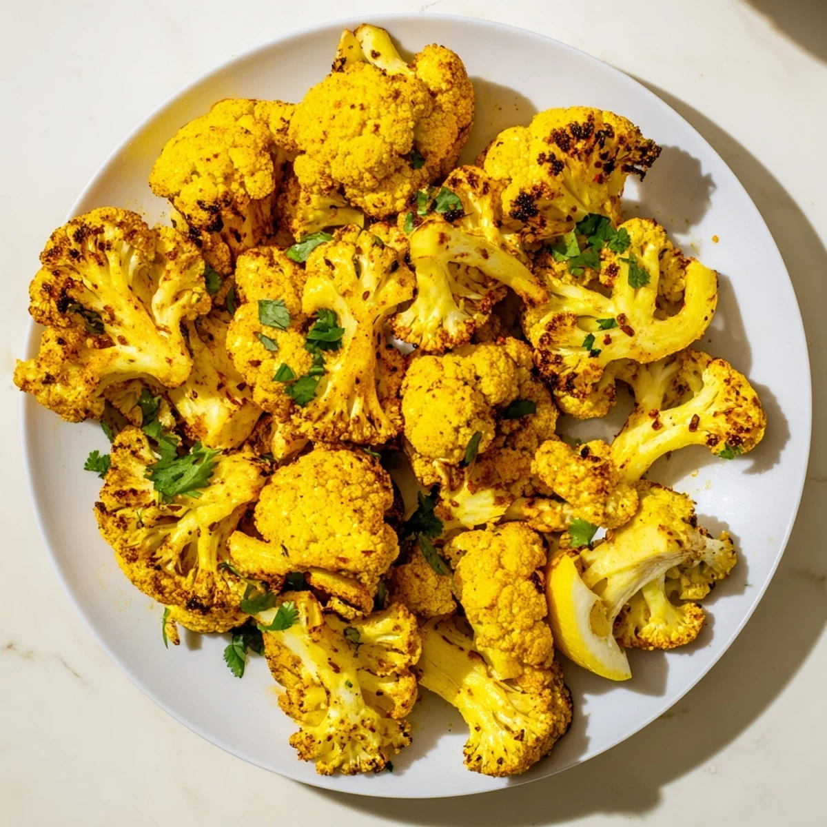 Serving Roasted Cauliflower with Turmeric and Cumin as a side, with lemon wedges and herbs for brightness.