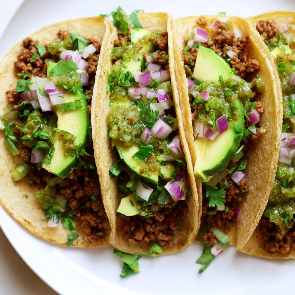 Golden-brown spicy beef filling is spooned onto warm tortillas, ready to be topped with fresh cilantro and diced red onion for these Spicy Beef Tacos with Salsa Verde.