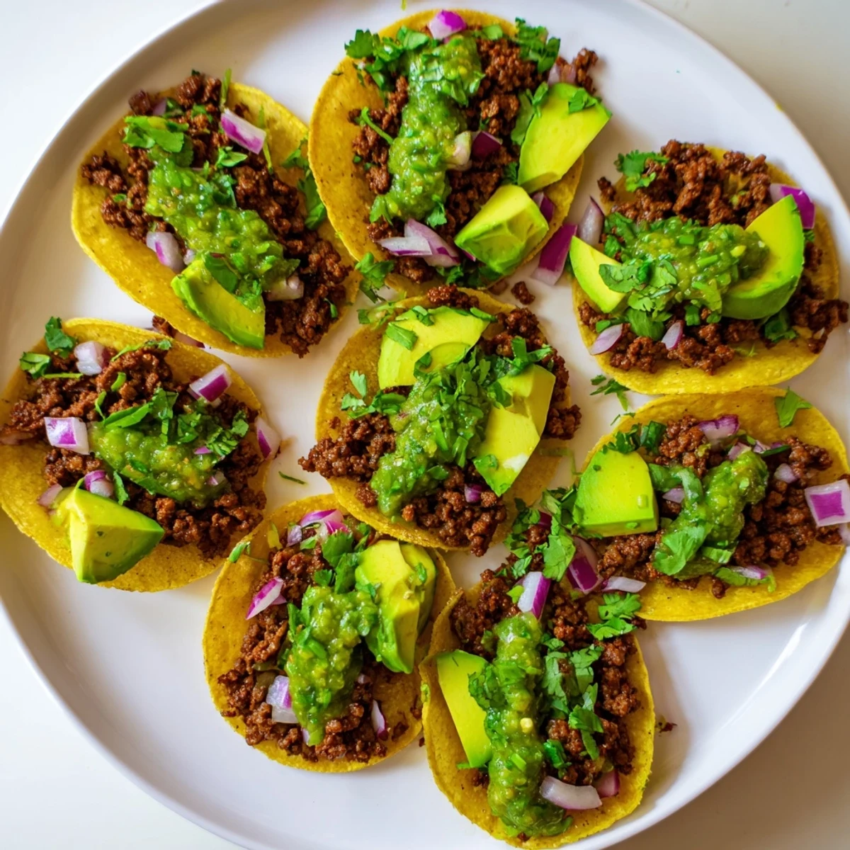 A close-up view shows sliced avocado and a drizzle of bright green salsa verde over the hearty Spicy Beef Tacos with Salsa Verde on a plate.