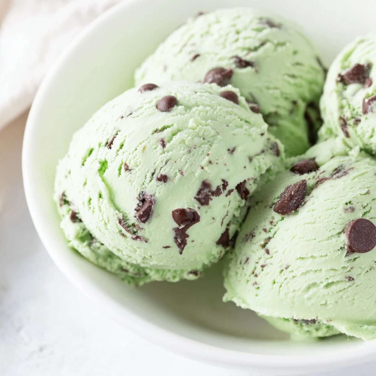 Freshly churned Green Mint Chocolate Chip Ice Cream with rich dark chocolate chips in a bowl.