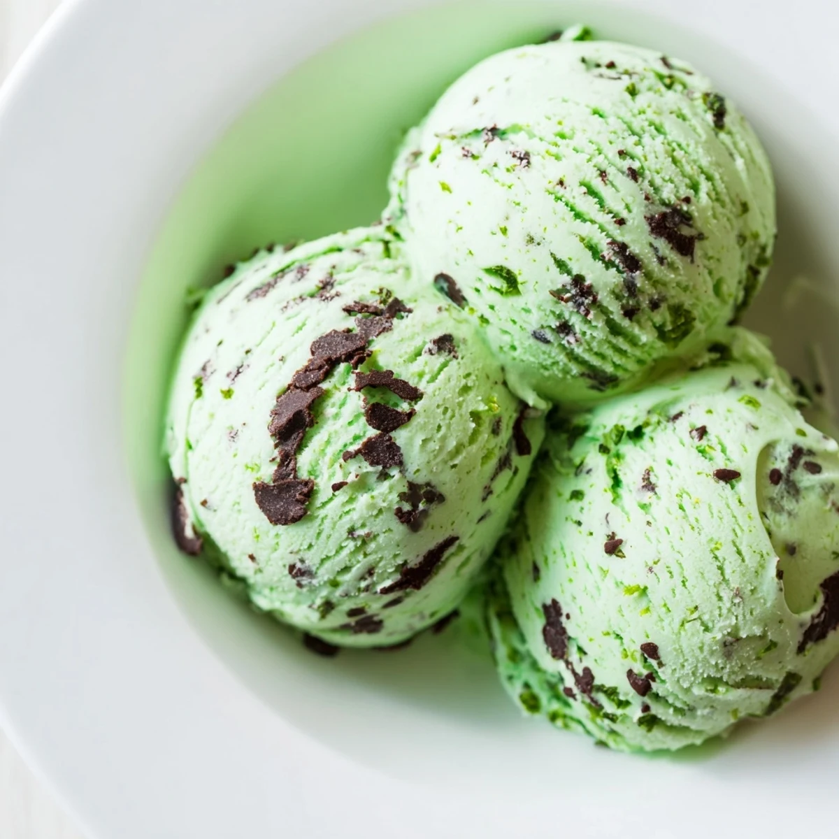 A close-up photo shows scoops of green mint chocolate chip ice cream in a waffle cone.