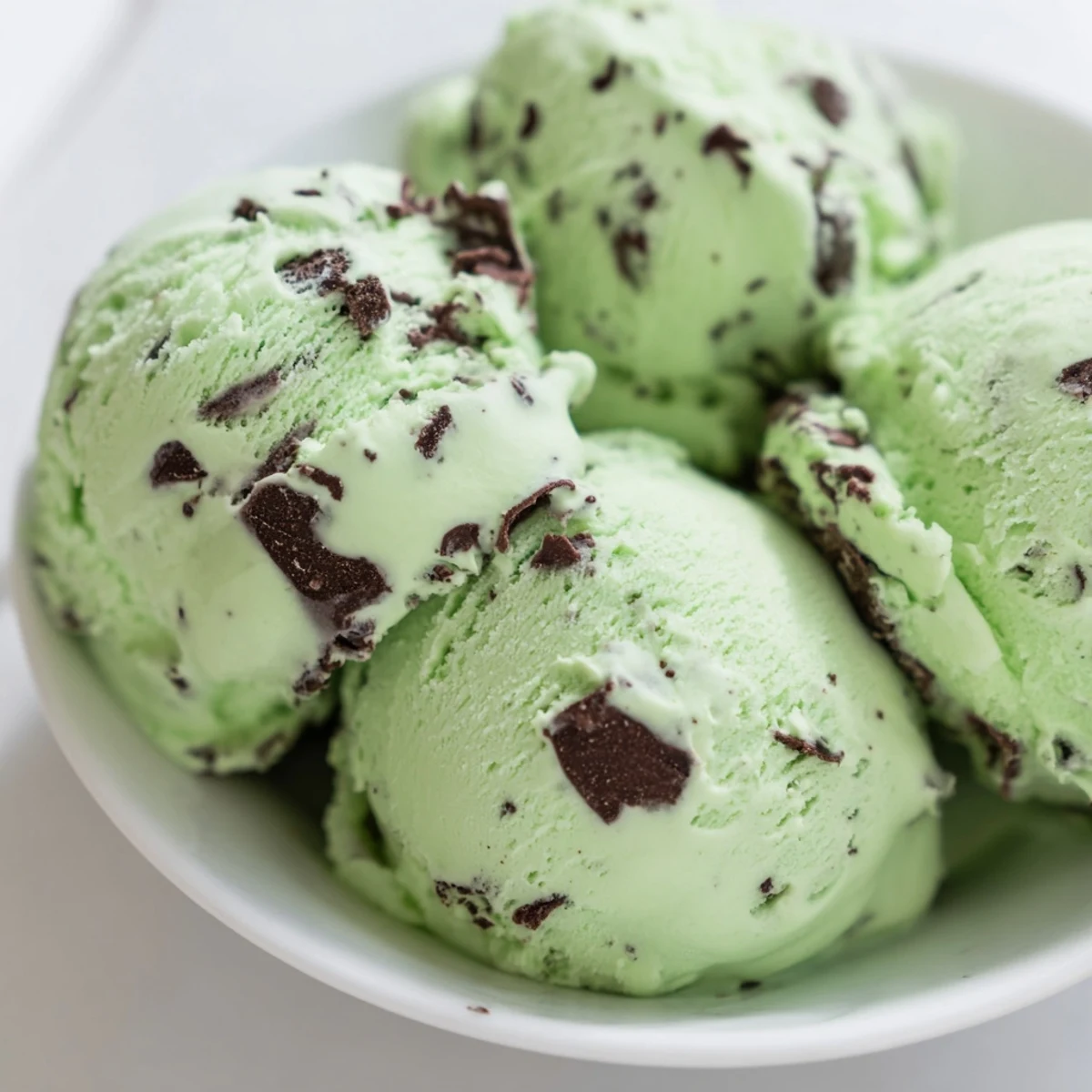 Homemade Green Mint Chocolate Chip Ice Cream melting slightly next to chocolate brownies on a plate.