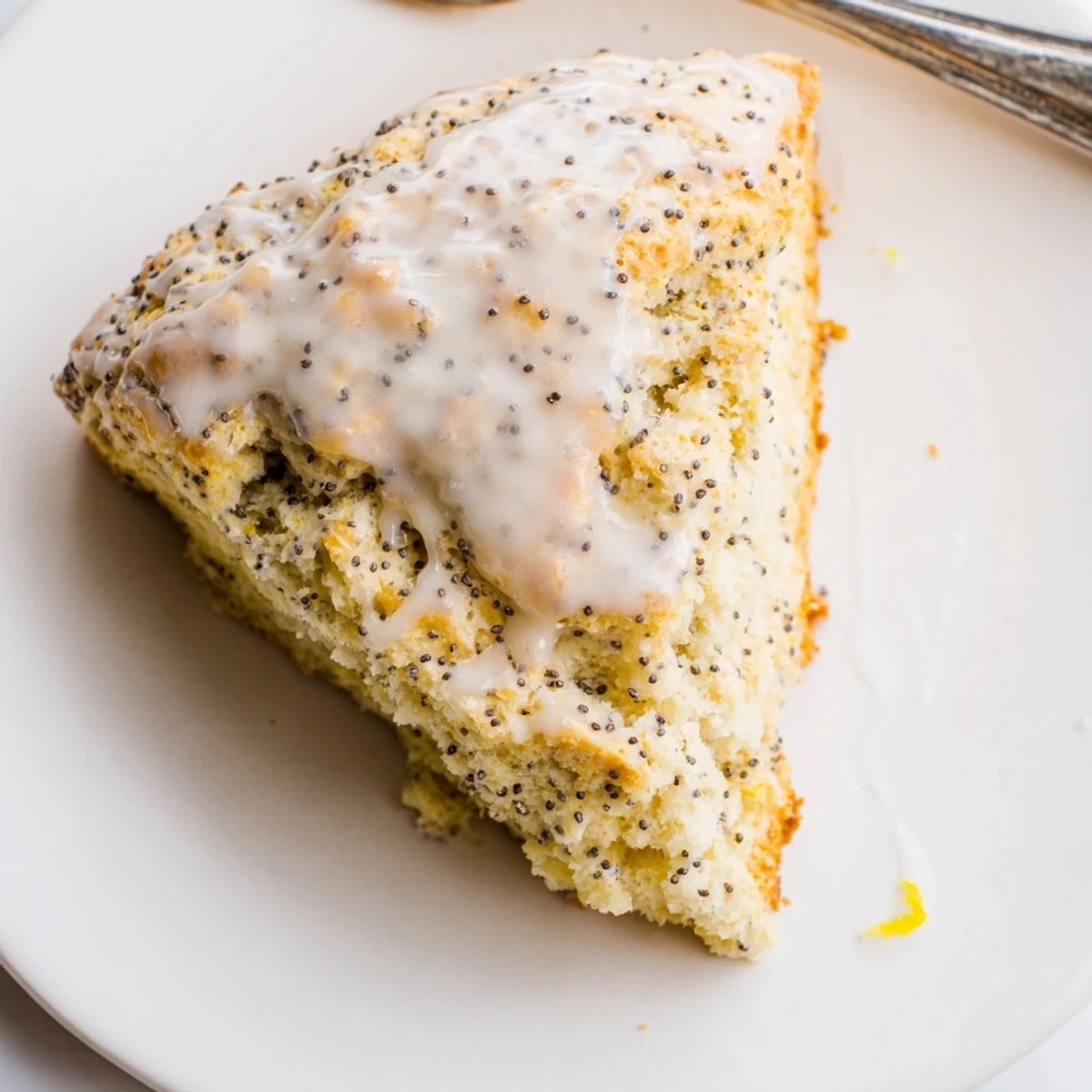 Golden Lemon Poppy Seed Scones with zesty glaze, ready to serve for a sweet breakfast treat.