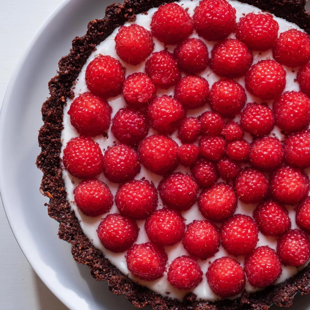 Crisp chocolate pastry crust filled with silky vanilla pastry cream and topped with fresh raspberries for a decadent Chocolate Raspberry Tart.