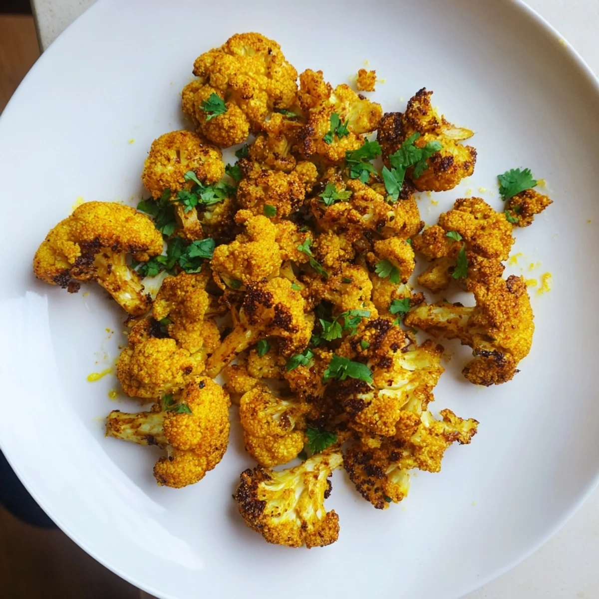 Roasted Cauliflower with Turmeric served warm with crispy edges and a lemon drizzle, perfect as a vegan side dish for dinner.