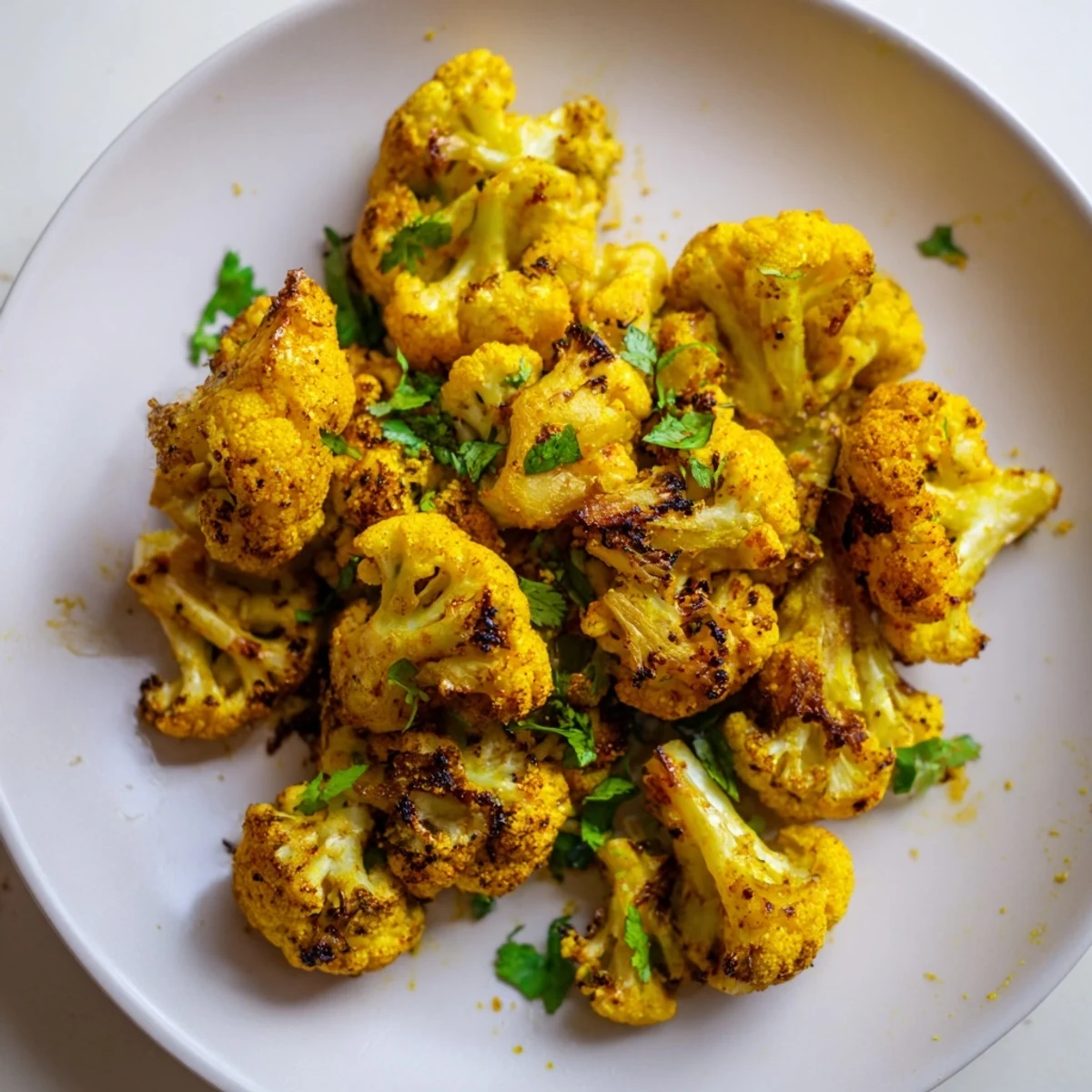Golden roasted cauliflower florets coated in turmeric and spices for Roasted Cauliflower with Turmeric, garnished with fresh cilantro on a platter.