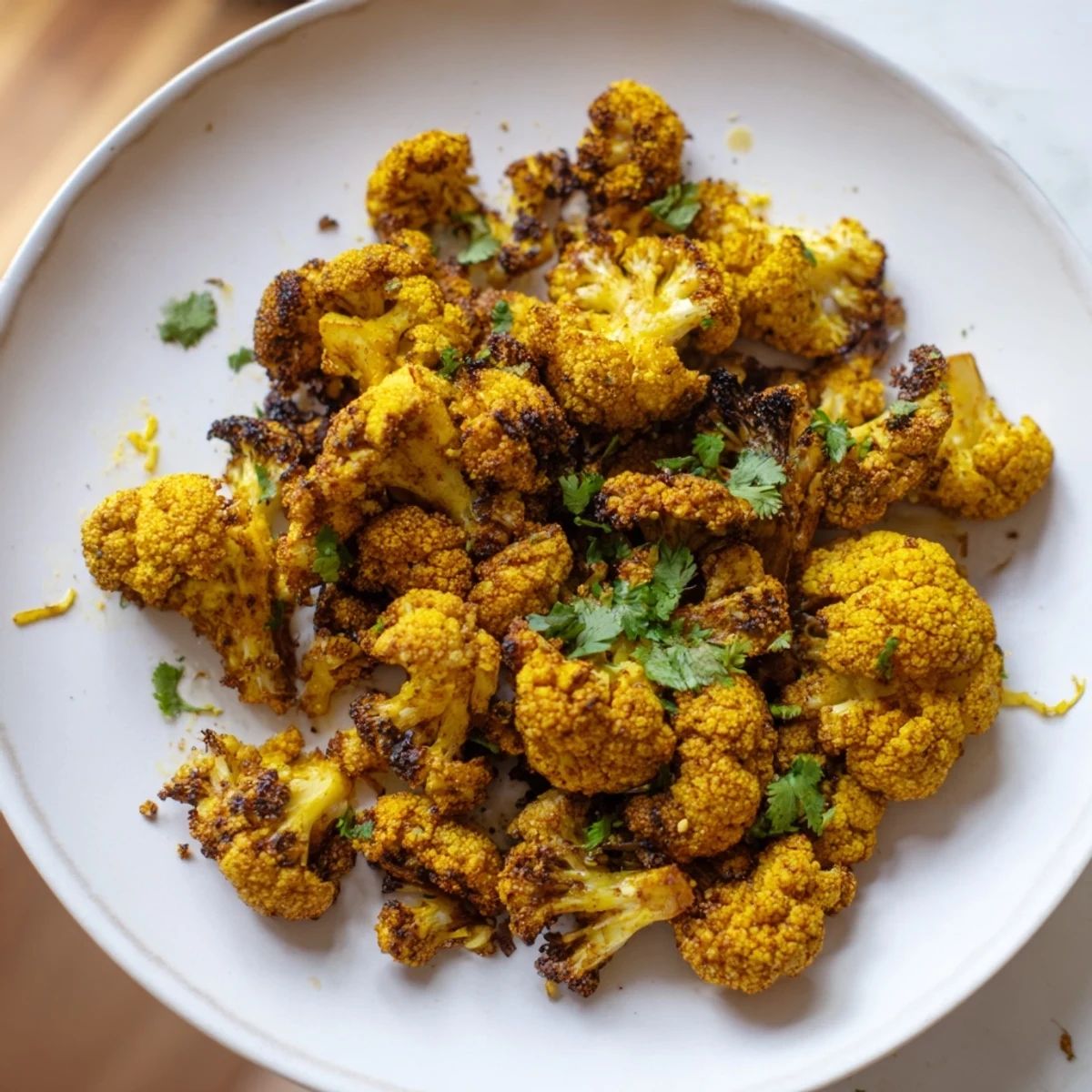Aromatic Roasted Cauliflower with Turmeric arranged alongside grilled chicken for a colorful, healthy meal on a wooden serving board.