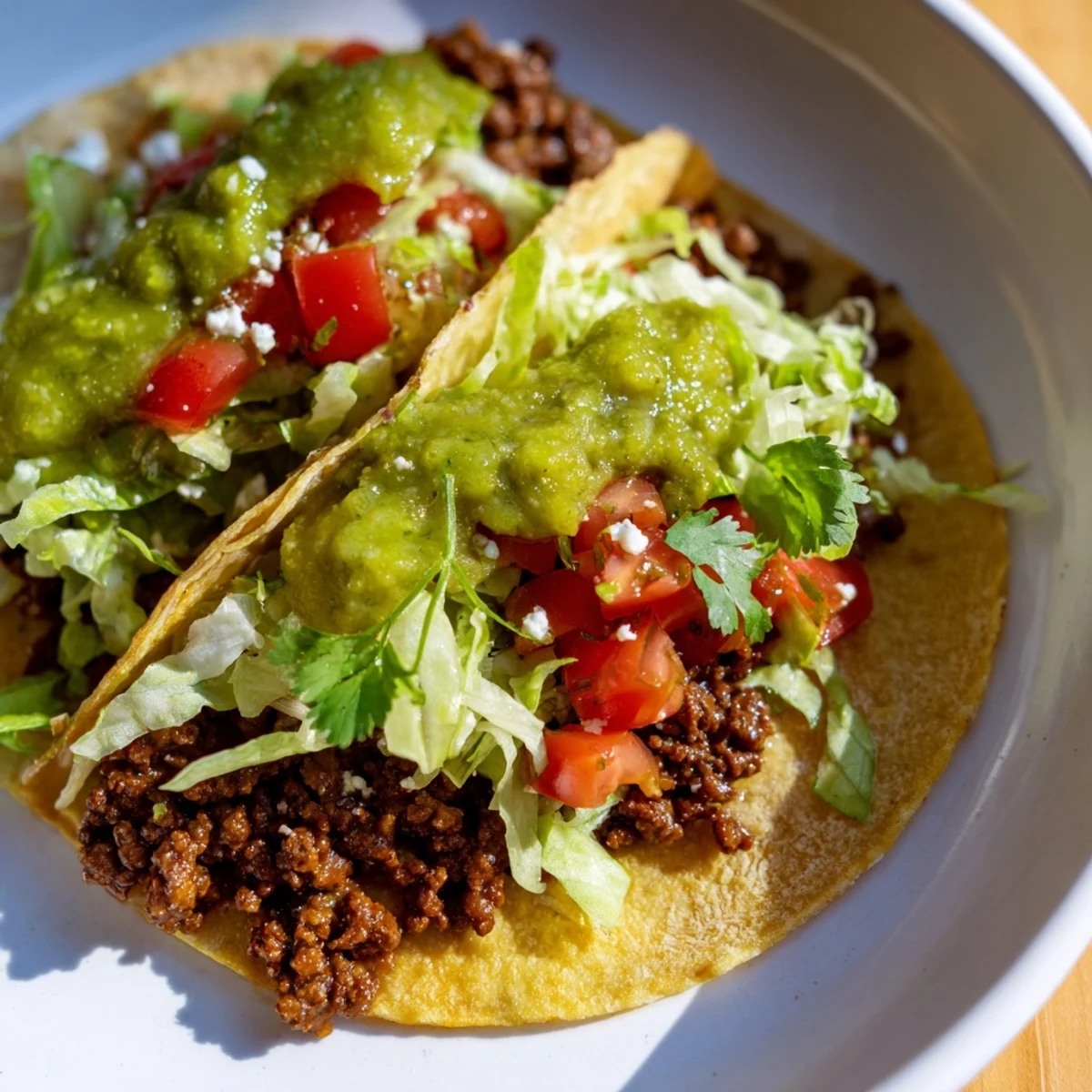 Golden-brown spicy beef tacos with salsa verde are stacked on a wooden board, garnished with fresh cilantro and lime wedges.
