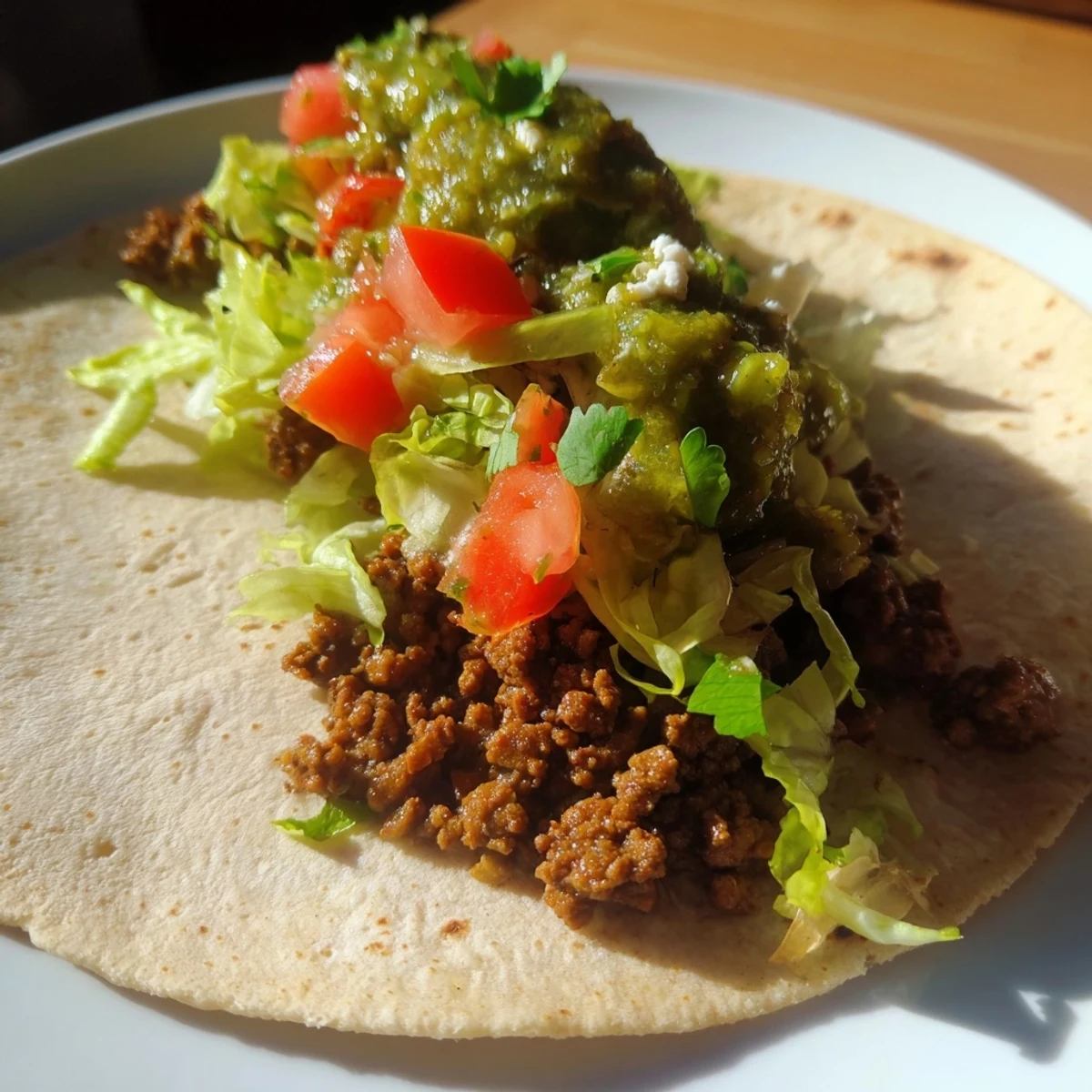 Warm corn tortillas hold savory spicy beef tacos topped with zesty salsa verde, crunchy lettuce, and diced tomatoes.