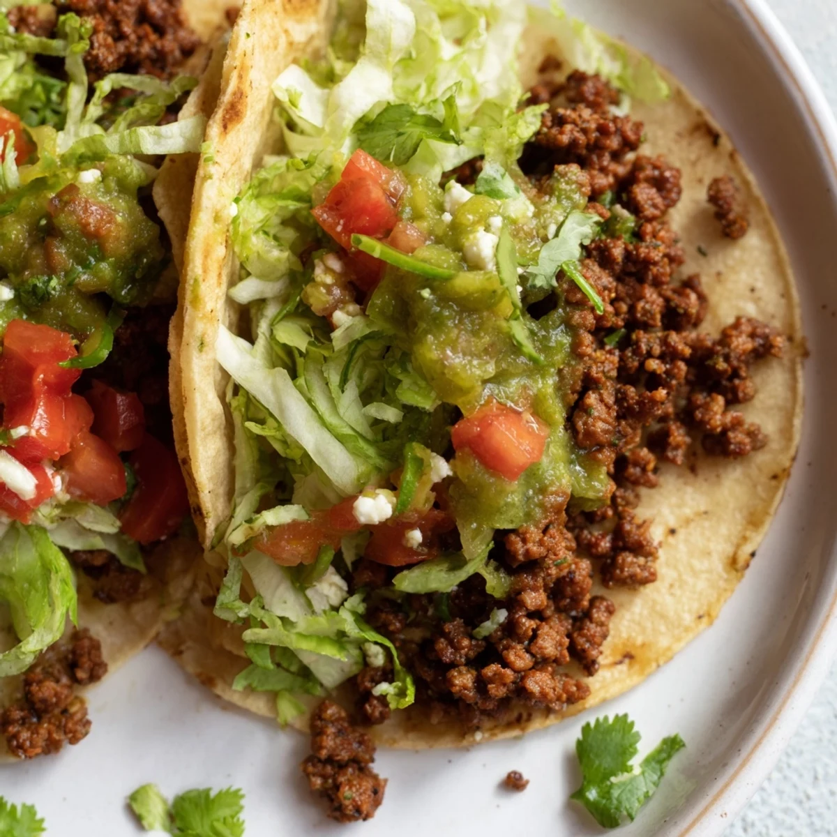 A close-up shows spicy beef tacos with salsa verde, melted queso fresco, and vibrant green cilantro on a plate.