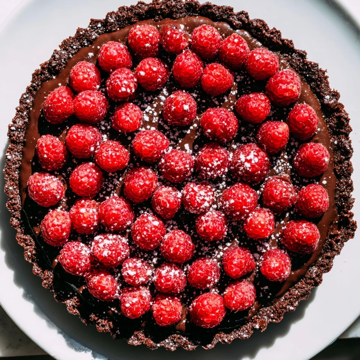 A close-up of the finished Chocolate Raspberry Tart showcasing glossy ganache and fresh raspberries on a rustic kitchen counter.