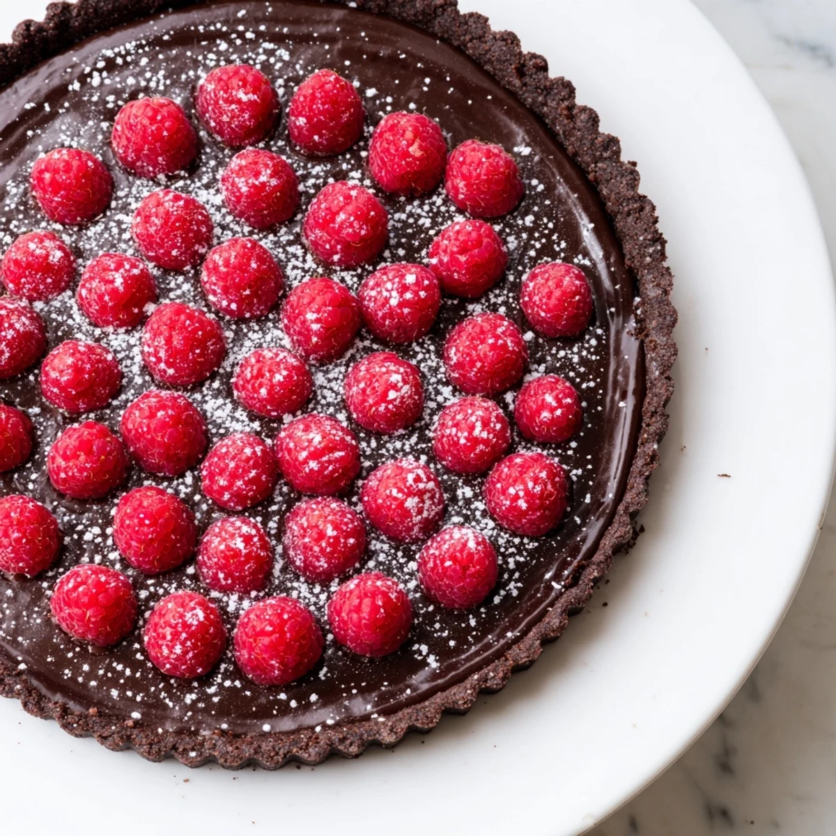 A slice of the Chocolate Raspberry Tart with a crisp chocolate crust reveals a rich, silky ganache filling, ready to serve.