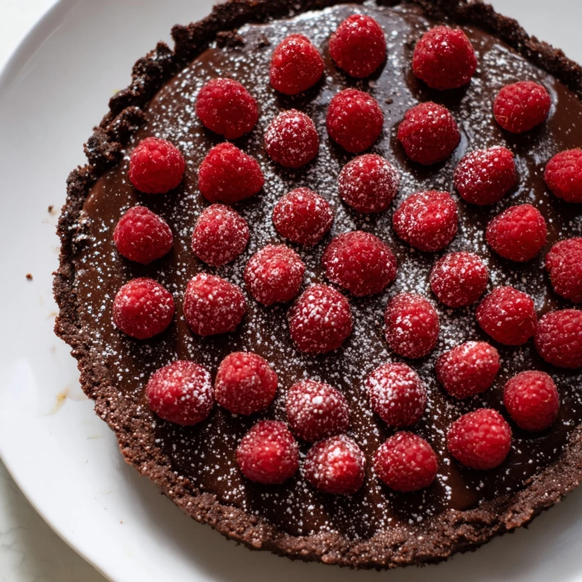 The Chocolate Raspberry Tart is elegantly displayed on a white plate, garnished with powdered sugar and perfect for a dinner party.