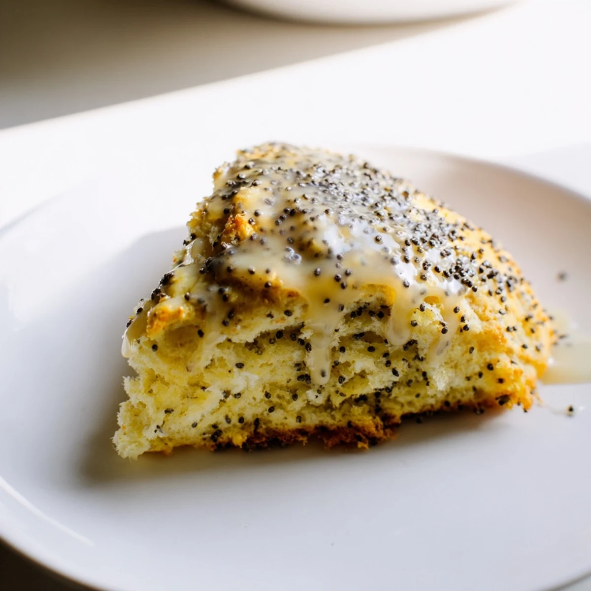Freshly baked Lemon Poppy Seed Scones on a white plate with a lemon wedge and tea.  