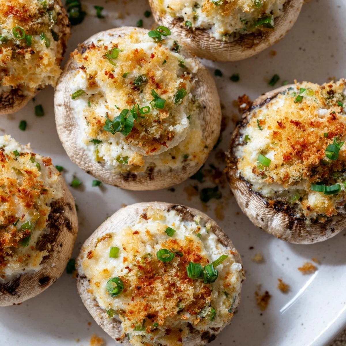 Golden baked mozzarella popper stuffed mushrooms with melted cheese and spices on a serving platter.